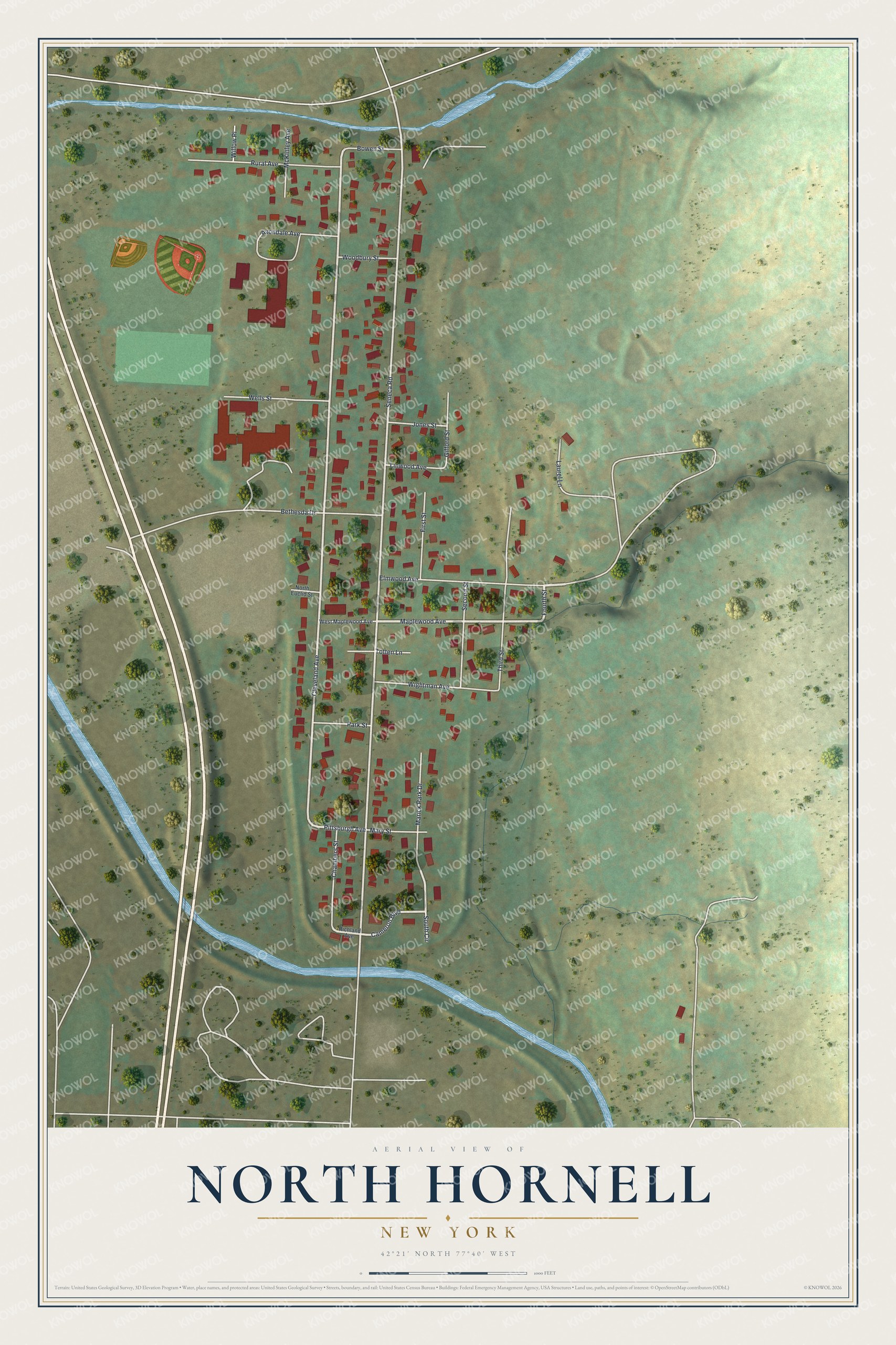 Full map of North Hornell, New York, with red buildings, printed street names and the land around them