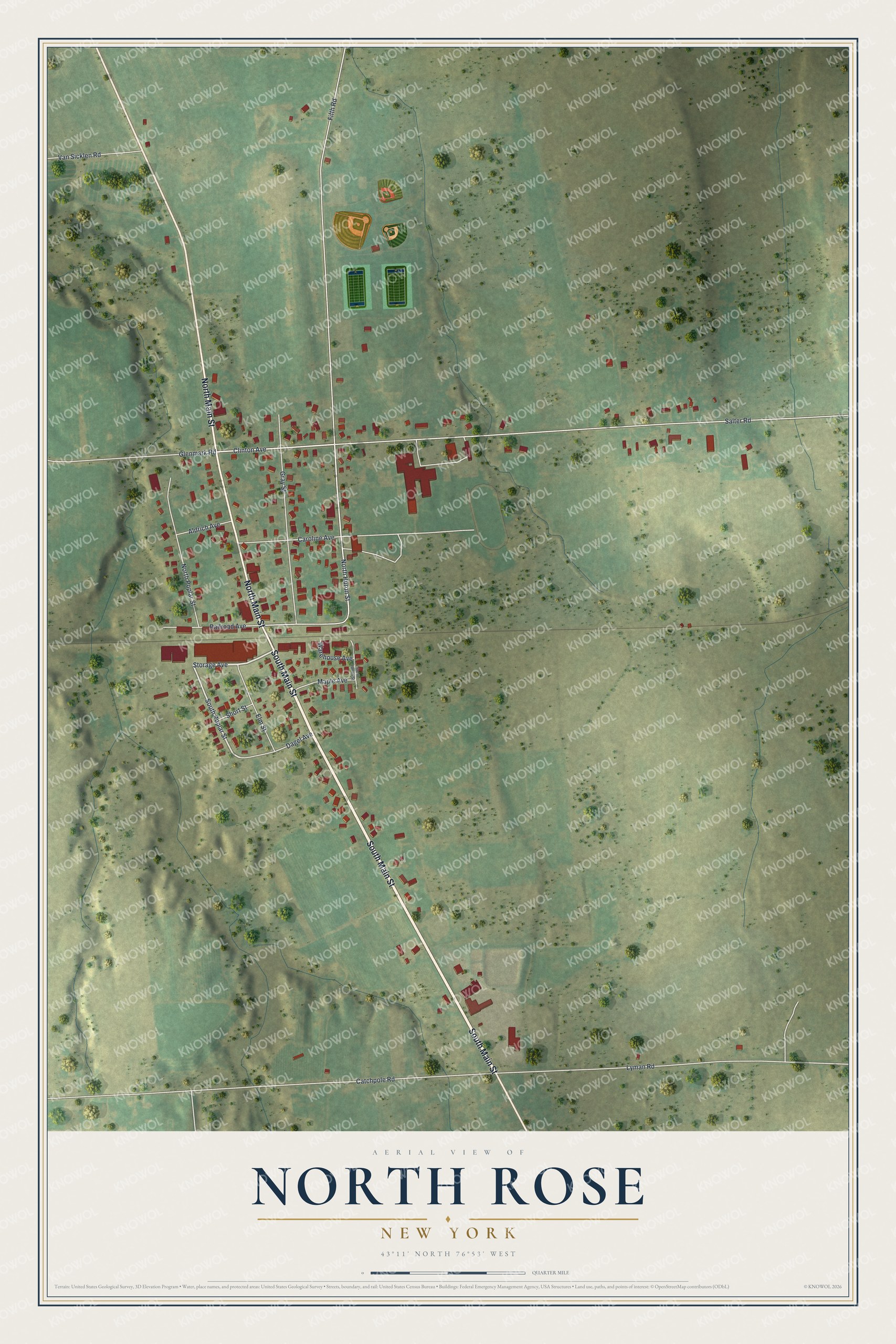 Full map of North Rose, New York, with red buildings, printed street names and the land around them