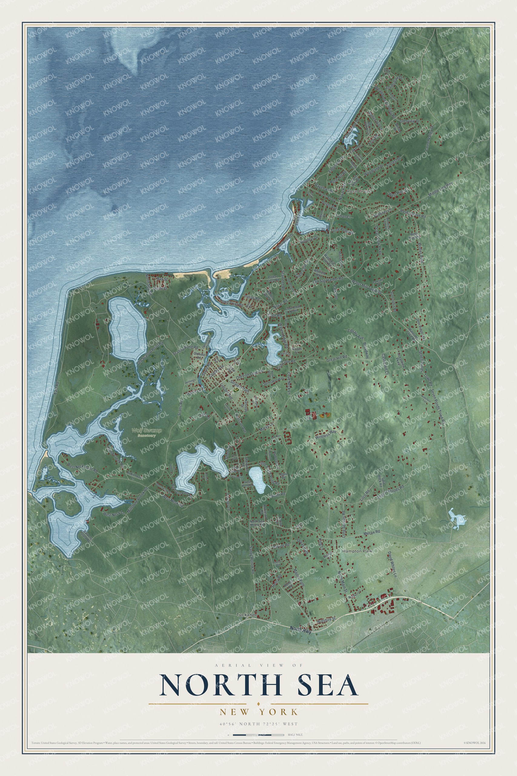 Full map of North Sea, New York, with red buildings, printed street names and the land around them