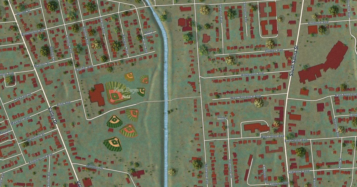 Close-up of streets and buildings in North Valley, New York