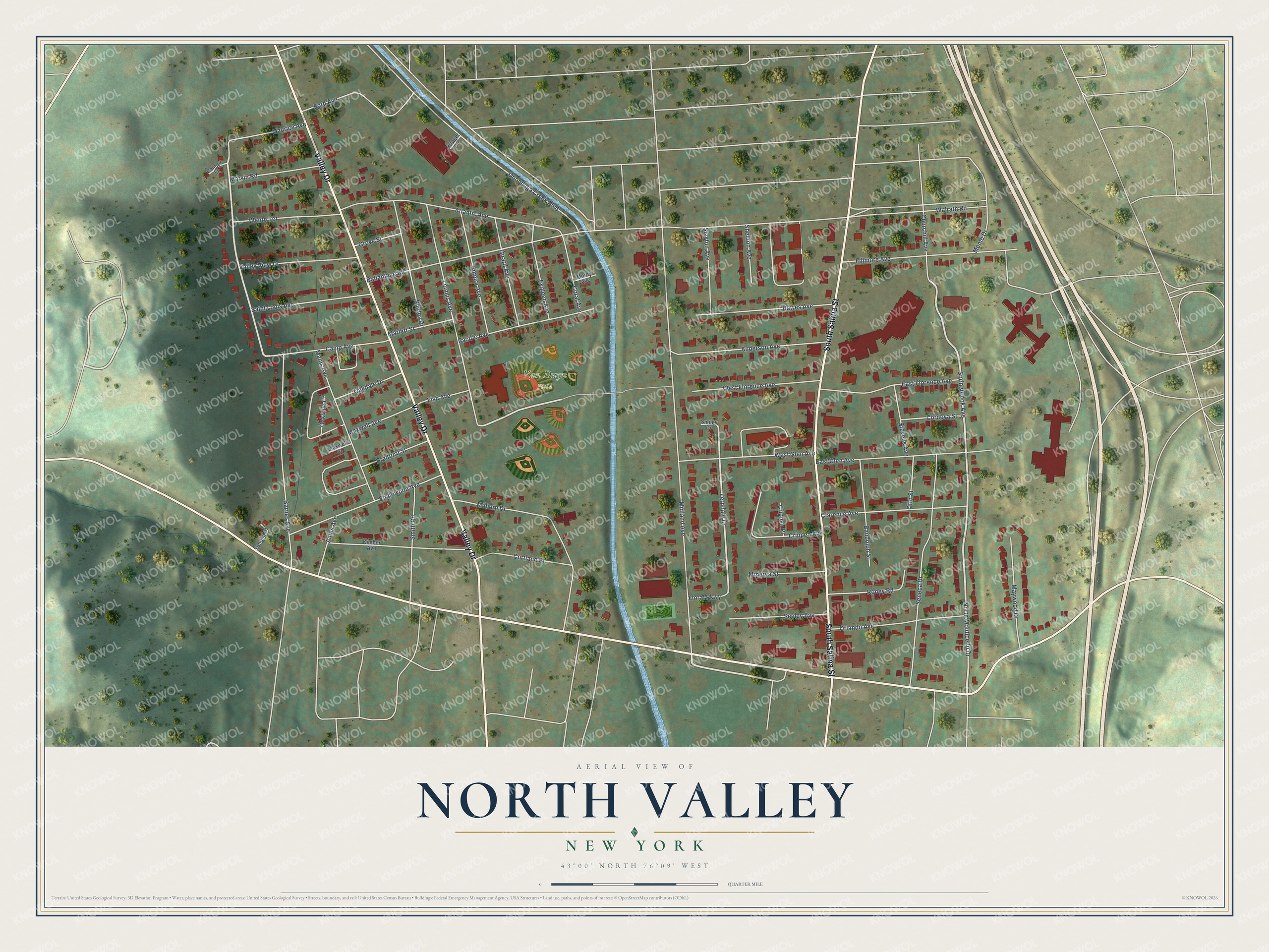 Full map of North Valley, New York, with red buildings, printed street names and the land around them