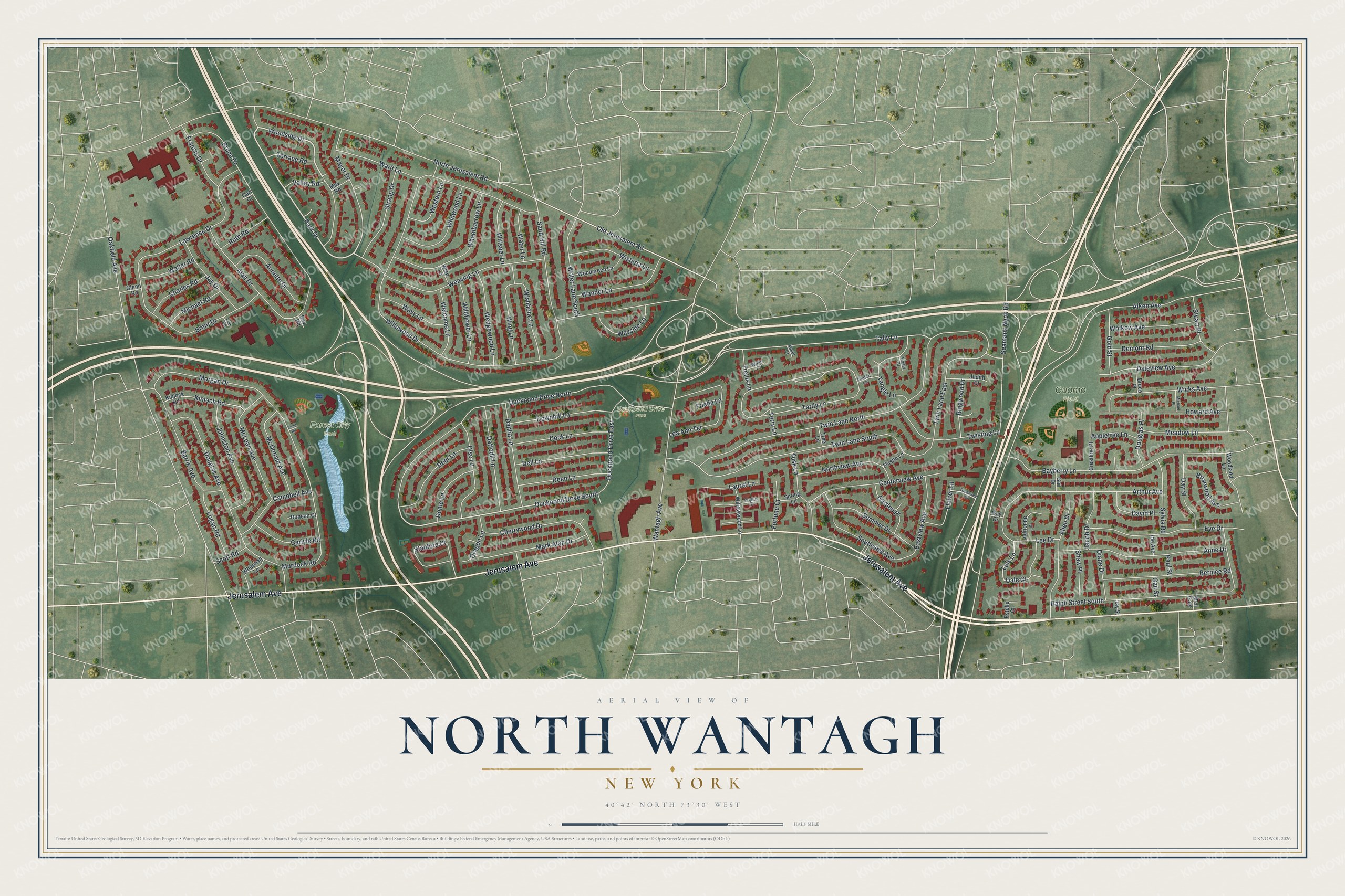 Full map of North Wantagh, New York, with red buildings, printed street names and the land around them