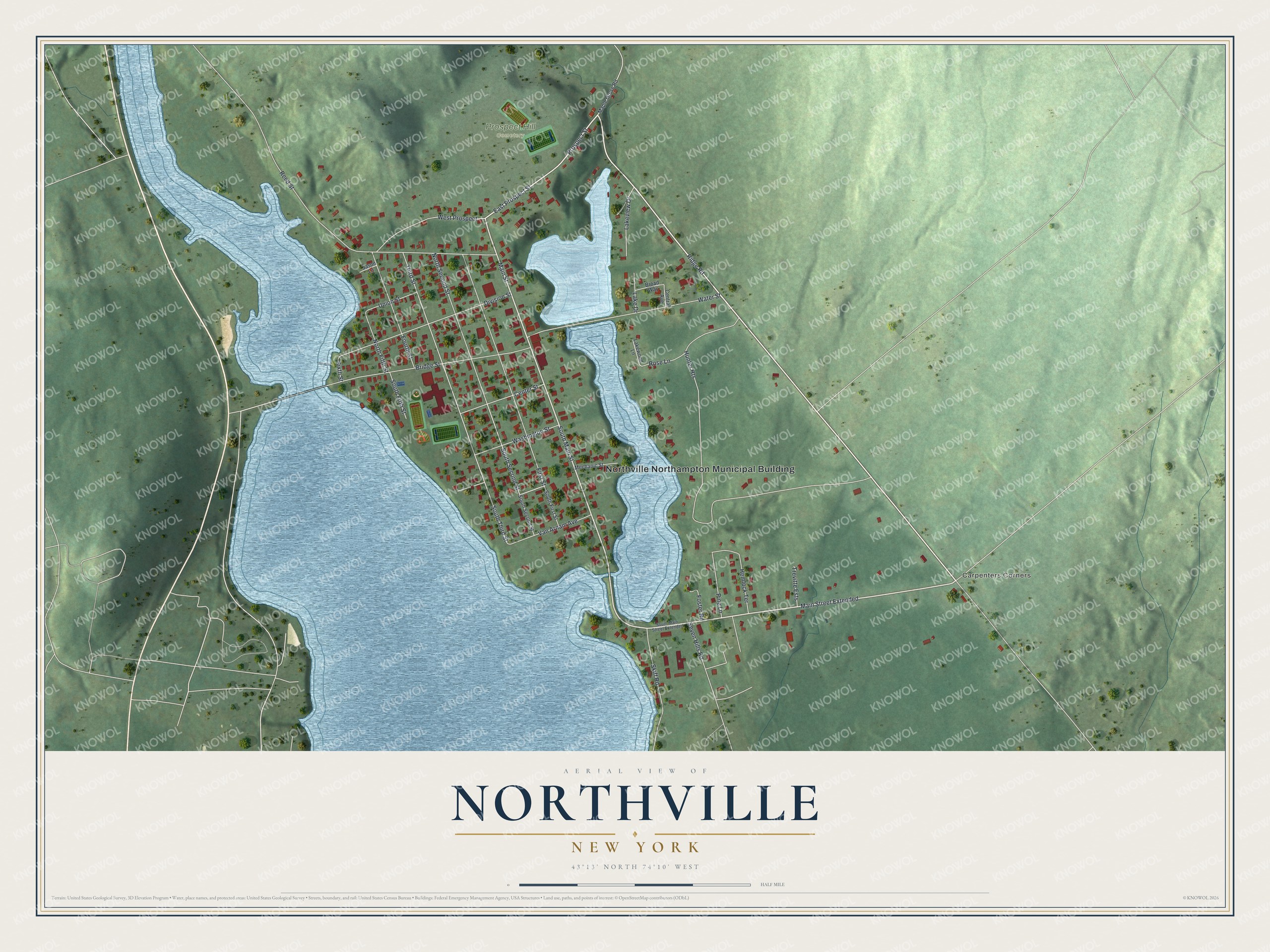 Full map of Northville, New York, with red buildings, printed street names and the land around them