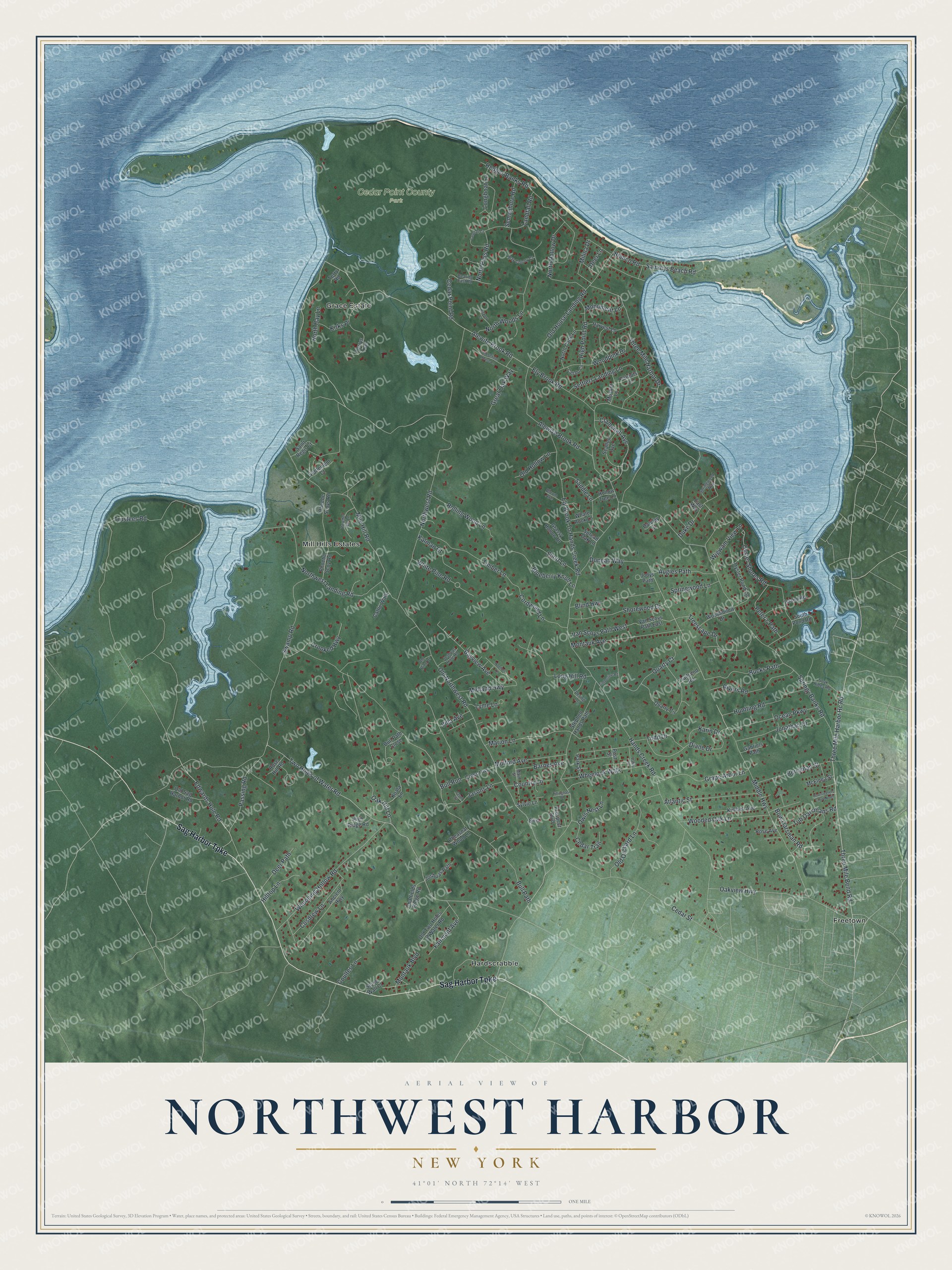 Full map of Northwest Harbor, New York, with red buildings, printed street names and the land around them