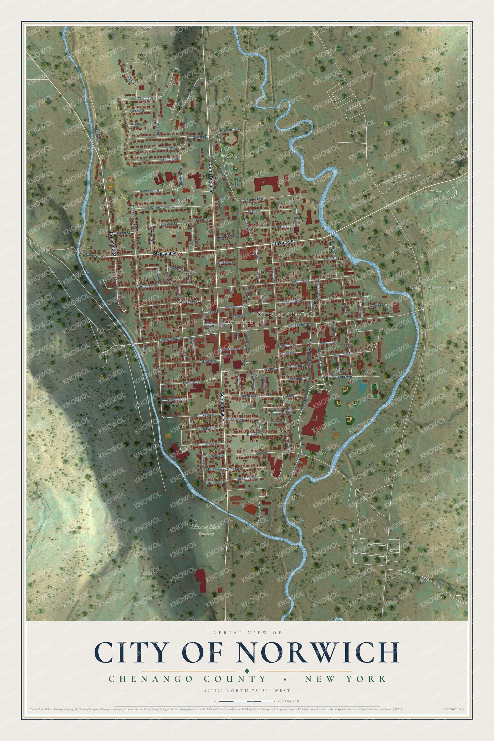 Detailed map of the City of Norwich, Chenango County, New York, showing streets, buildings, and parks