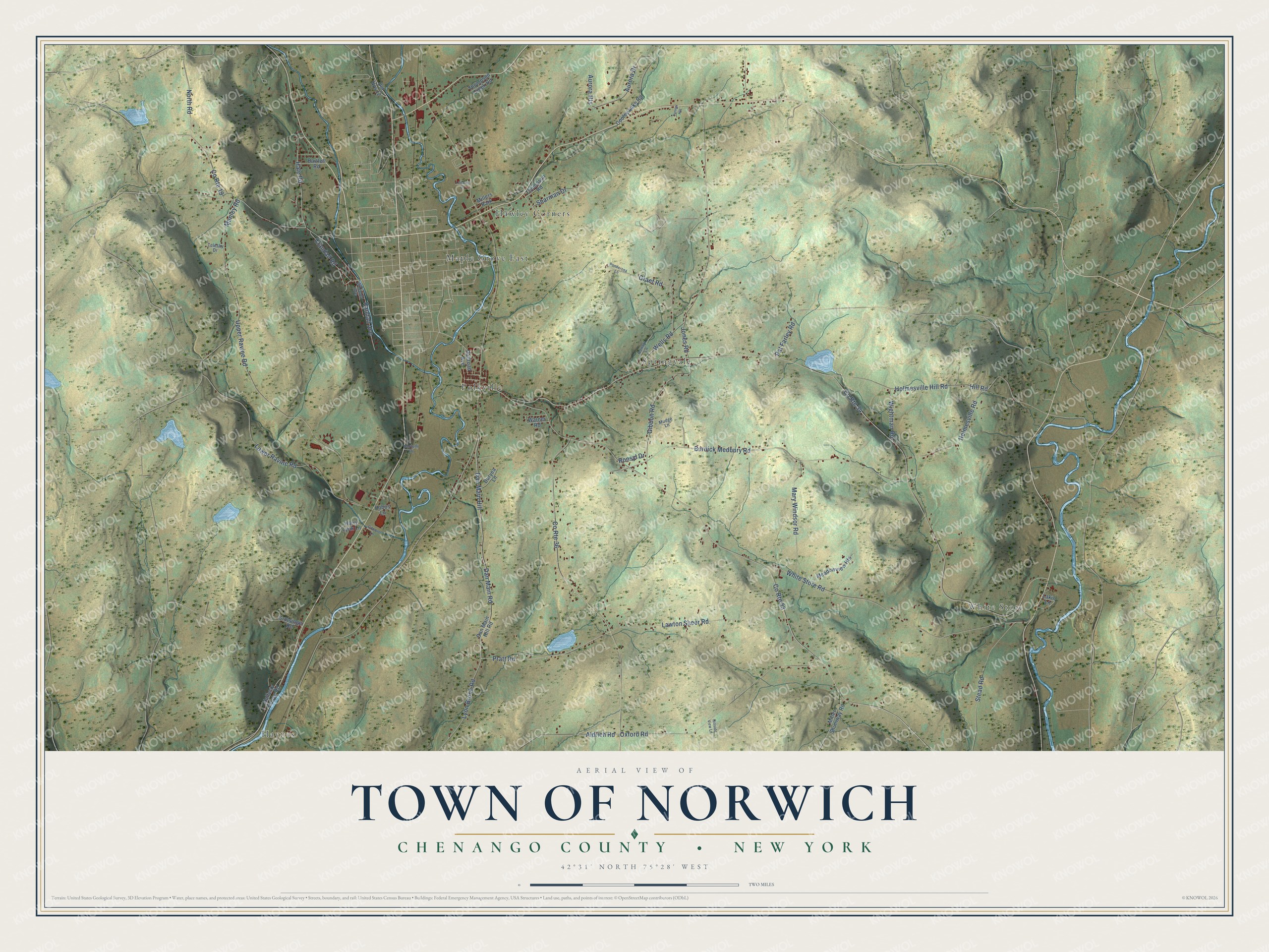 Detailed map of the Town of Norwich, Chenango County, New York, showing streets, buildings, and neighborhoods
