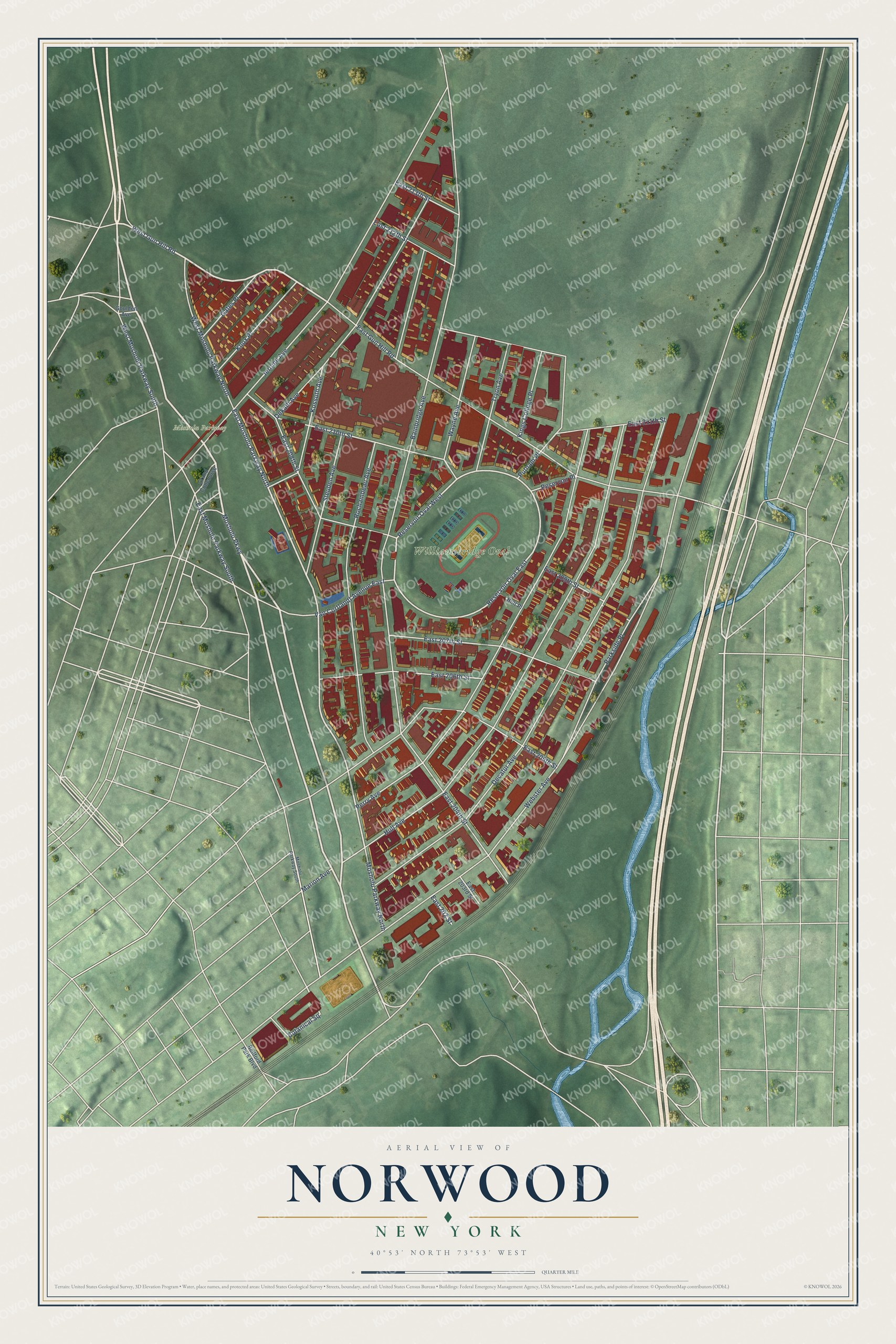 Full map of Norwood, New York, with red buildings, printed street names and the land around them