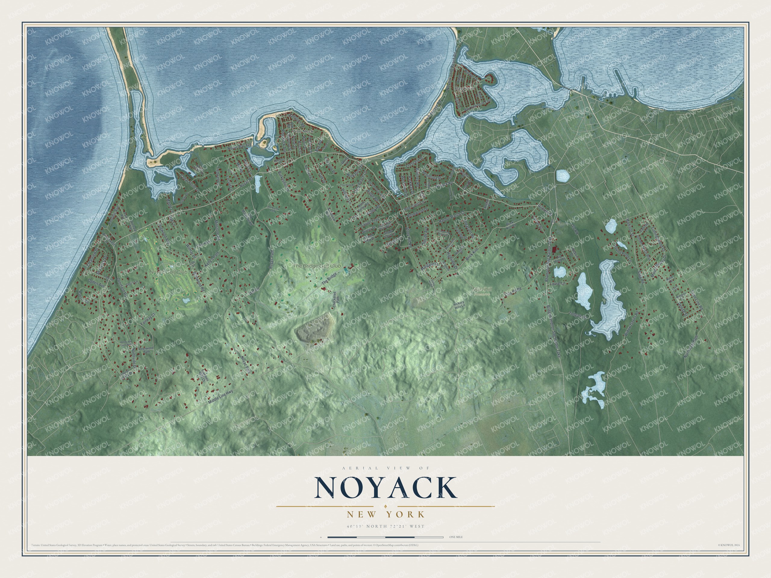 Full map of Noyack, New York, with red buildings, printed street names and the land around them