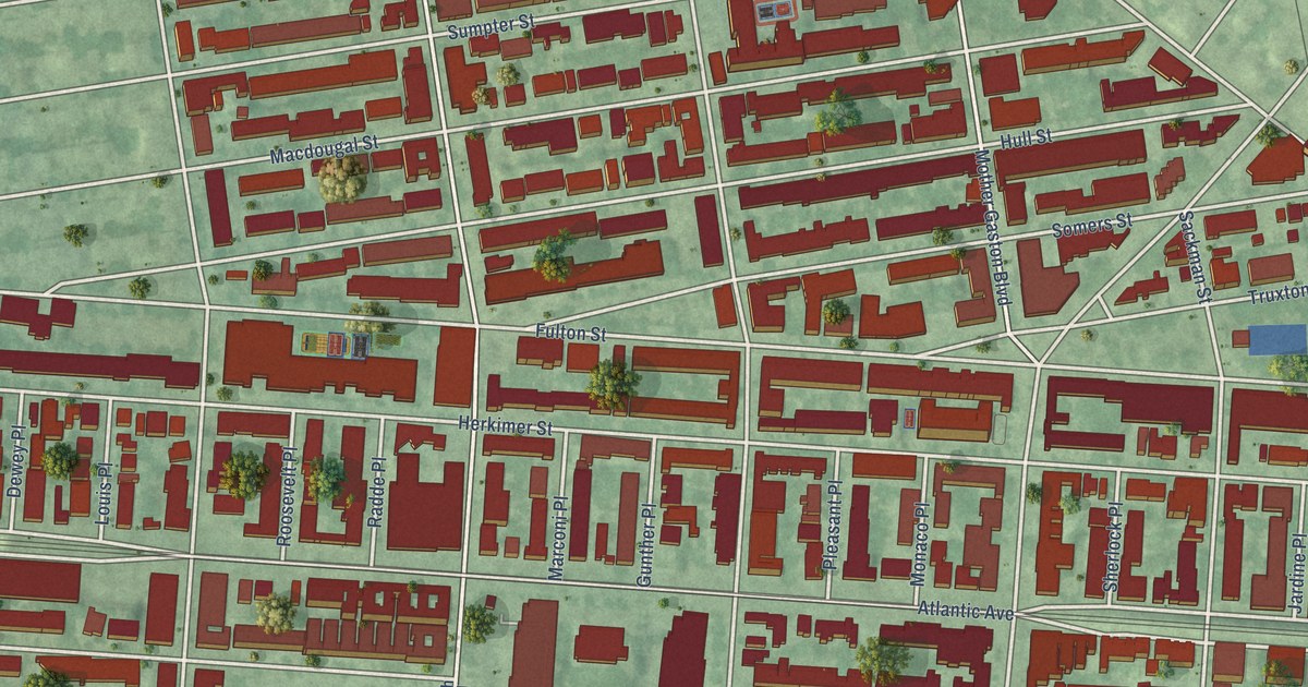 Close-up of streets and buildings in Ocean Hill, New York