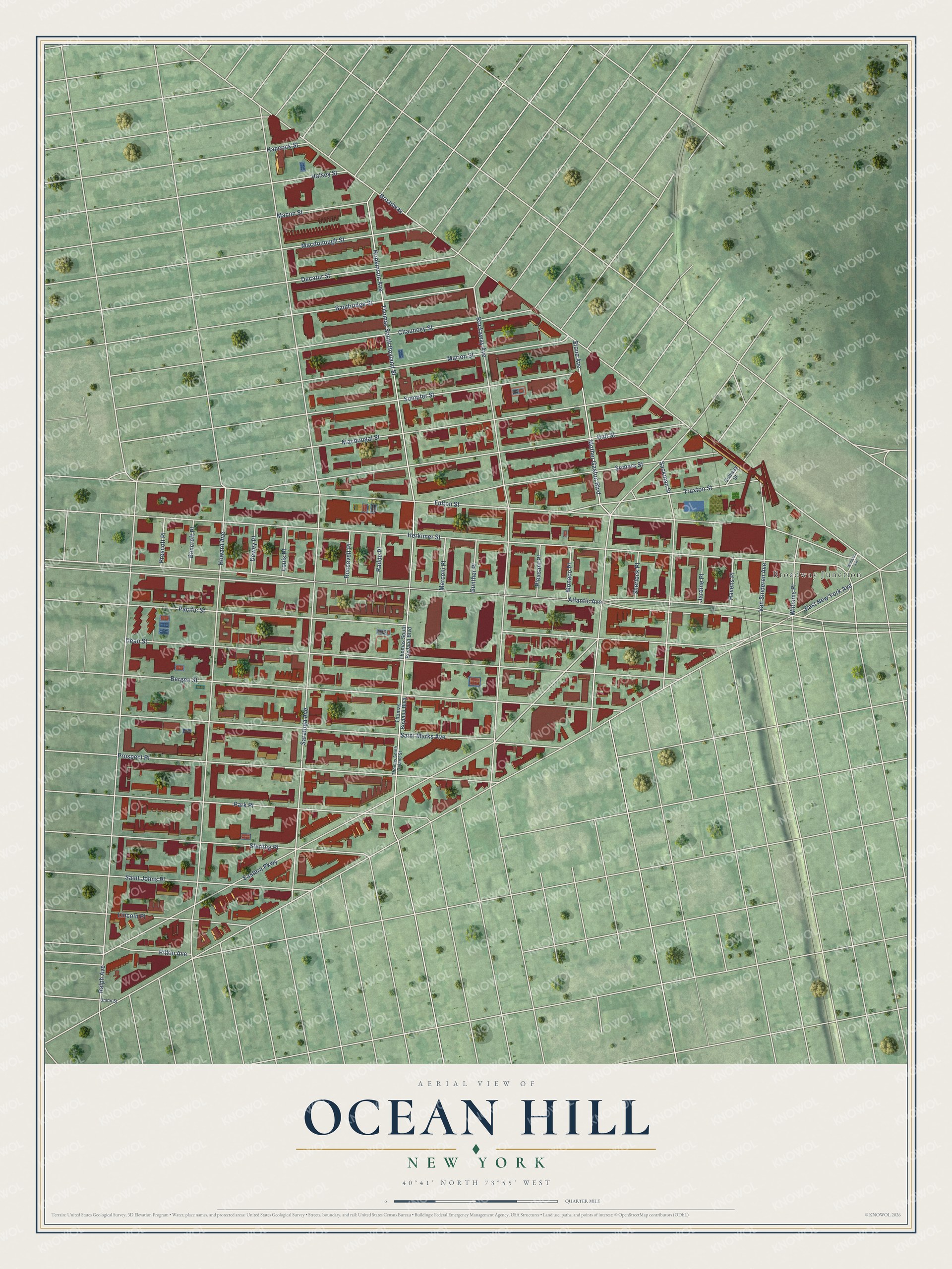 Full map of Ocean Hill, New York, with red buildings, printed street names and the land around them
