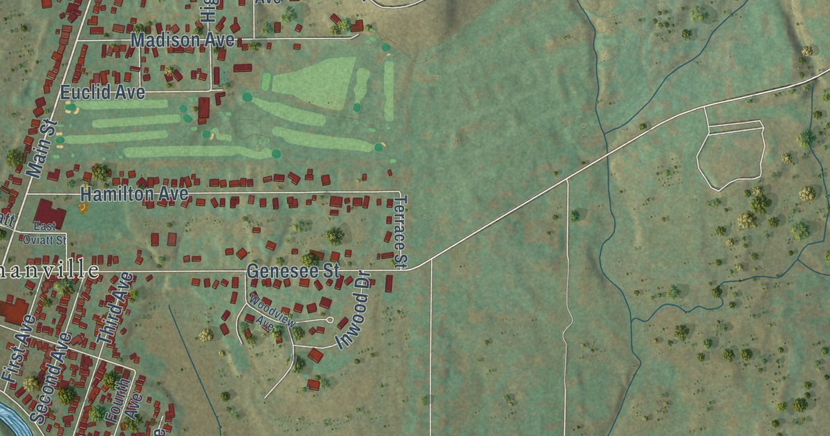 Close-up of streets and buildings in the City of Olean, Cattaraugus County, New York