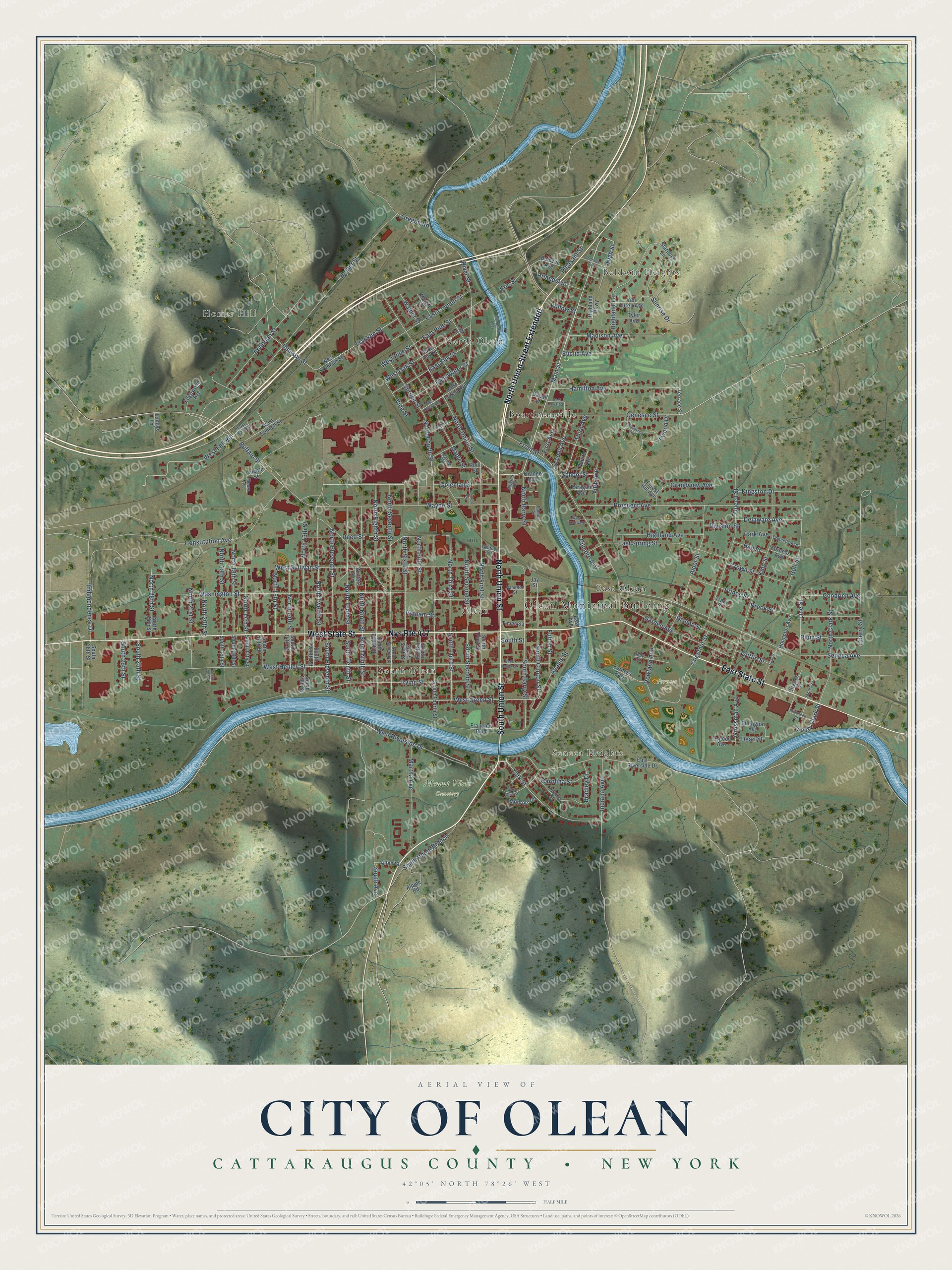 Detailed map of the City of Olean, Cattaraugus County, New York, showing streets, buildings, neighborhoods, and parks