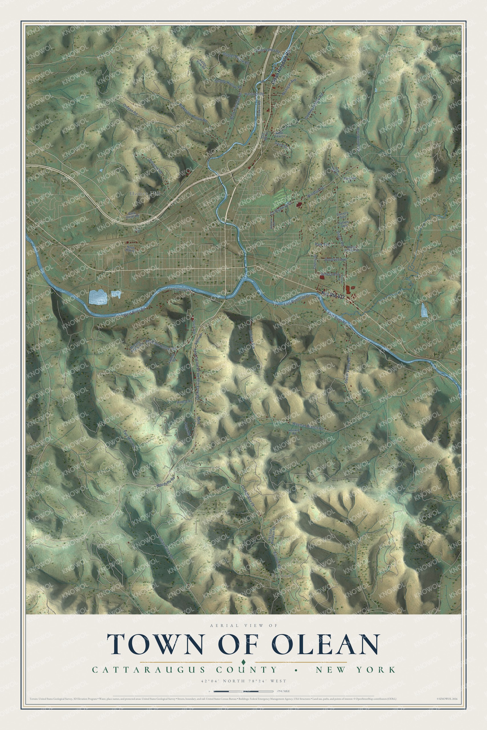 Detailed map of the Town of Olean, Cattaraugus County, New York, showing streets, buildings, and neighborhoods