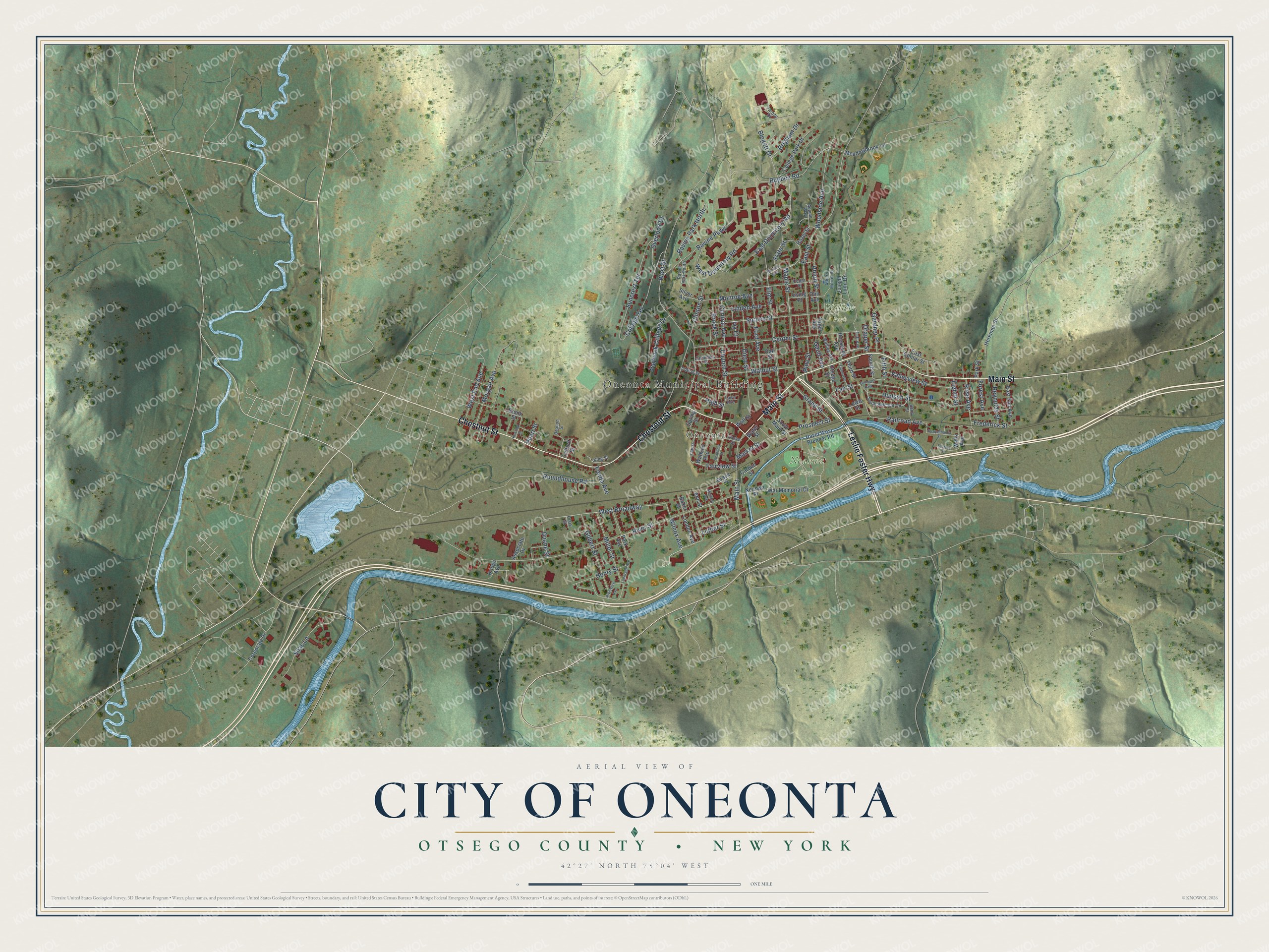 Detailed map of the City of Oneonta, Otsego County, New York, showing streets, buildings, and parks