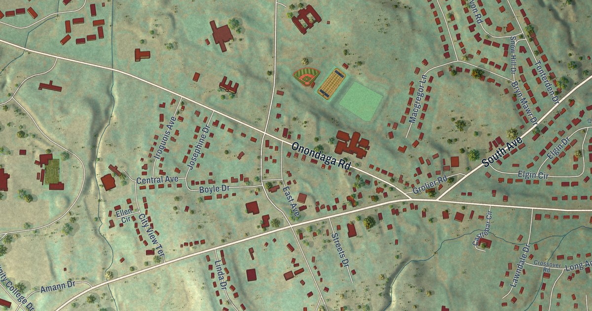 Close-up of streets and buildings in Onondaga Hill, New York