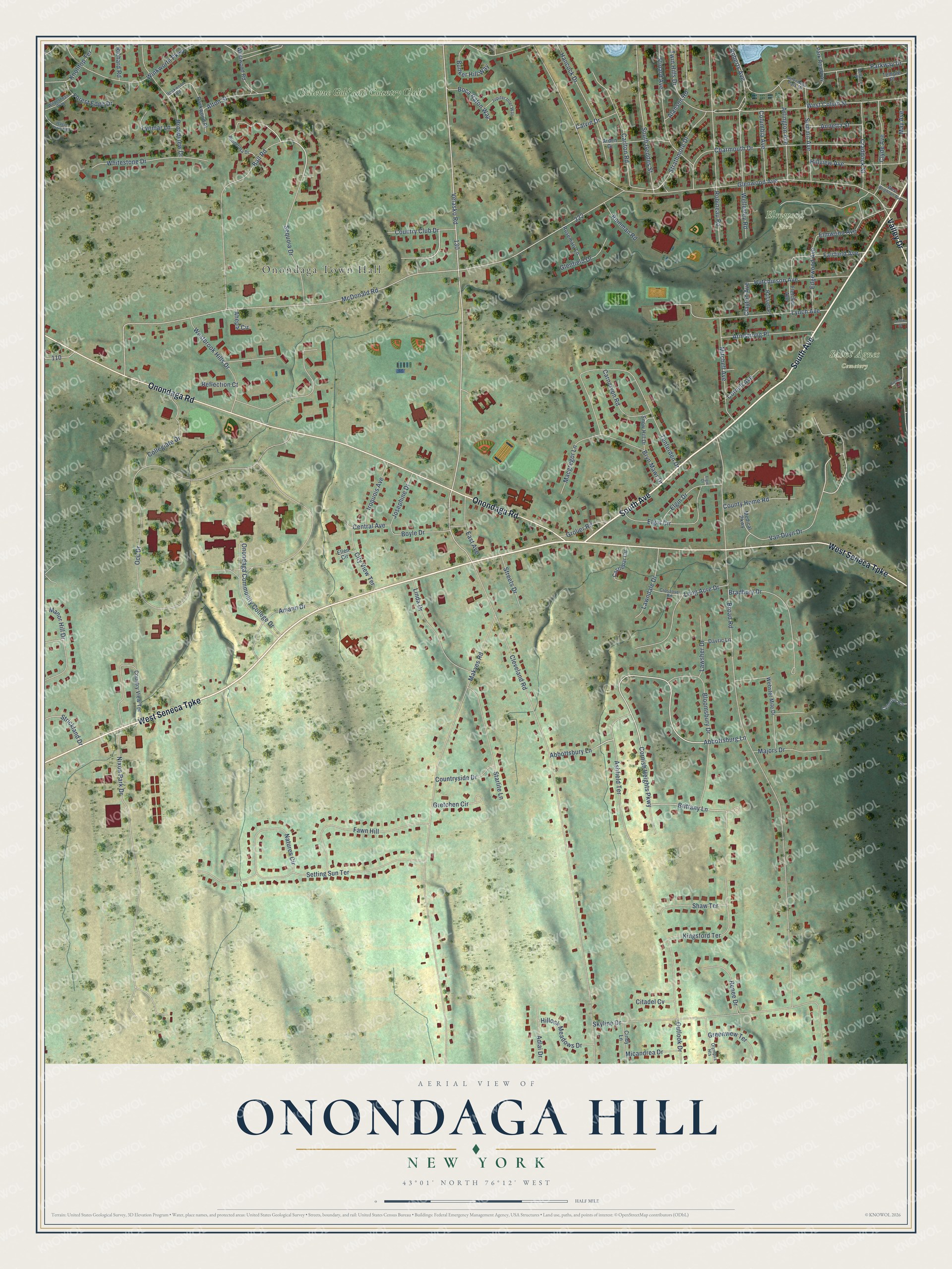 Full map of Onondaga Hill, New York, with red buildings, printed street names and the land around them