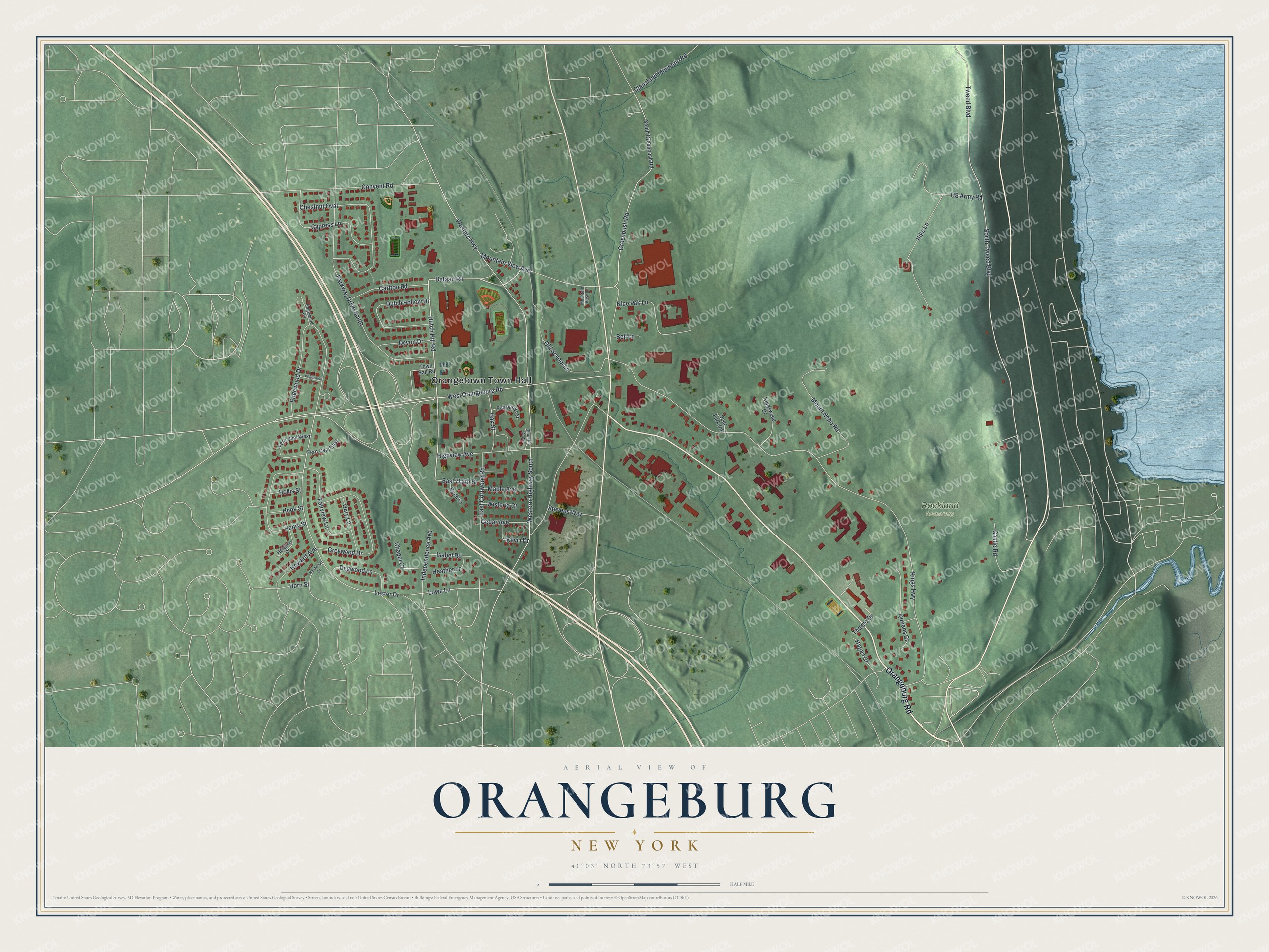 Full map of Orangeburg, New York, with red buildings, printed street names and the land around them