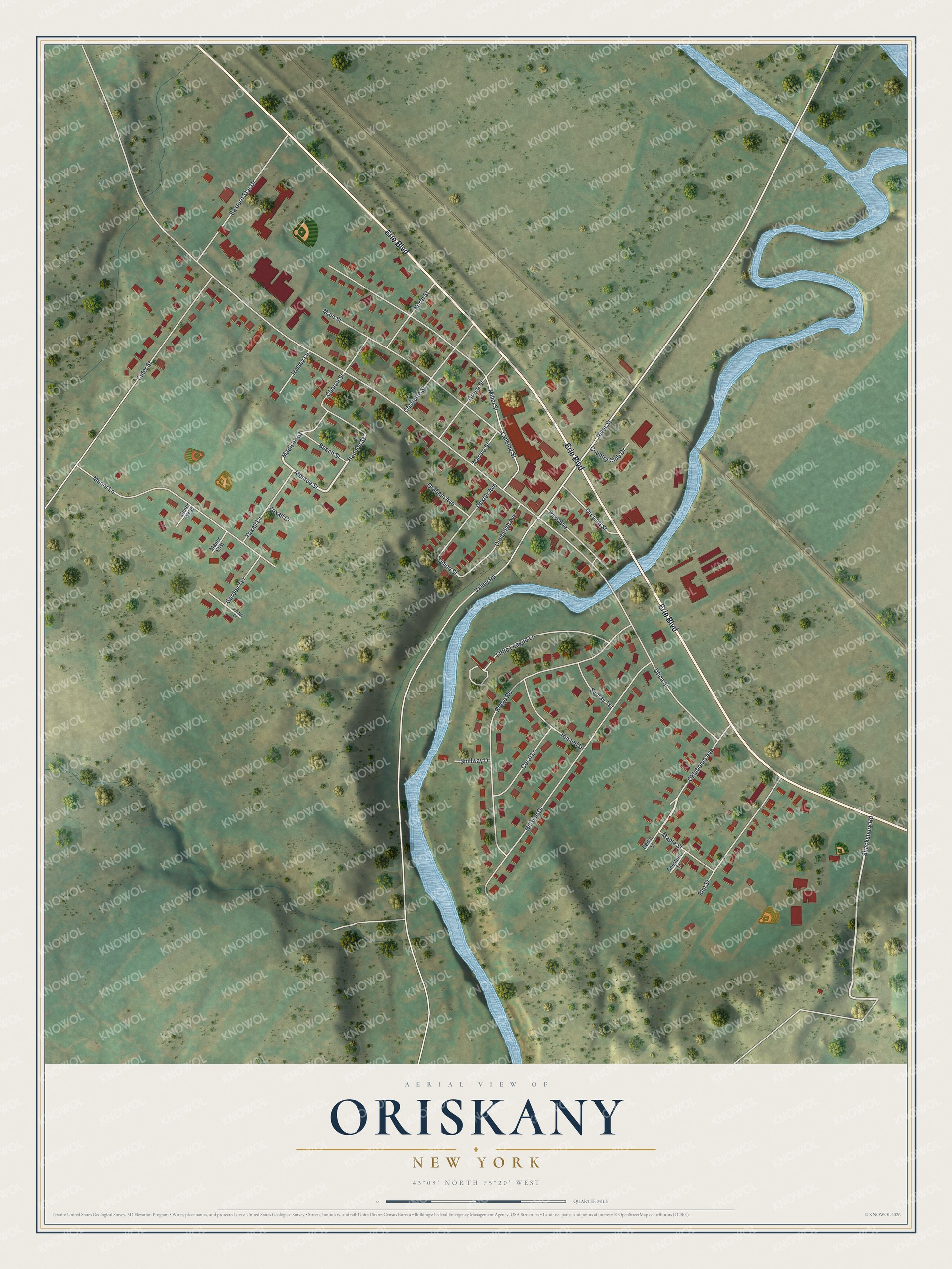 Full map of Oriskany, New York, with red buildings, printed street names and the land around them