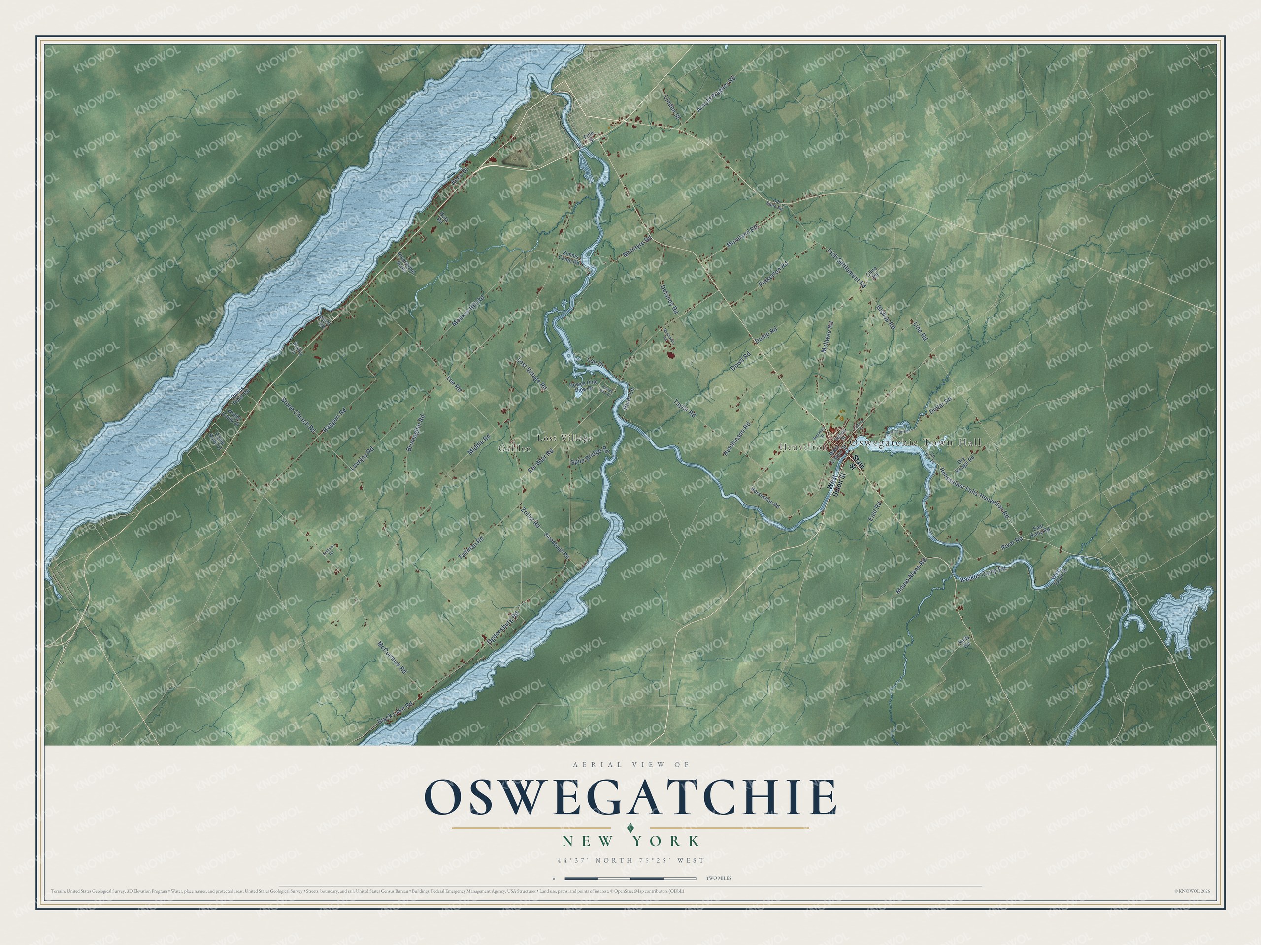 Detailed map of Oswegatchie, New York, showing streets, buildings, and neighborhoods