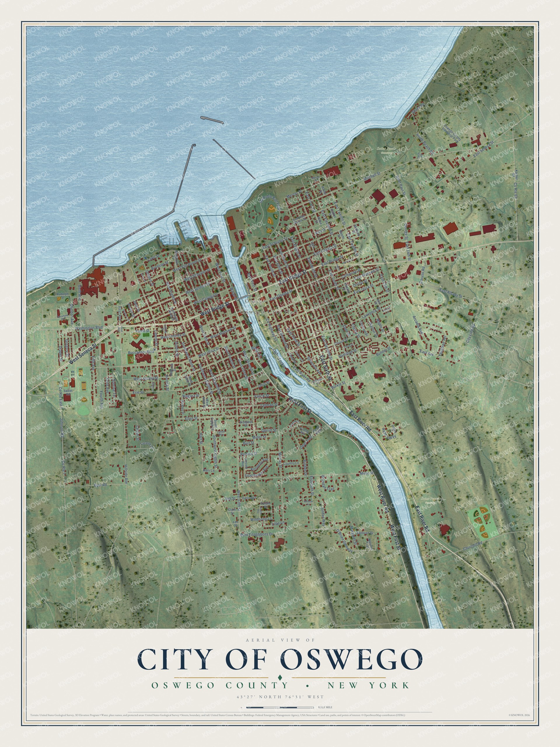 Detailed map of the City of Oswego, Oswego County, New York, showing streets, buildings, and parks