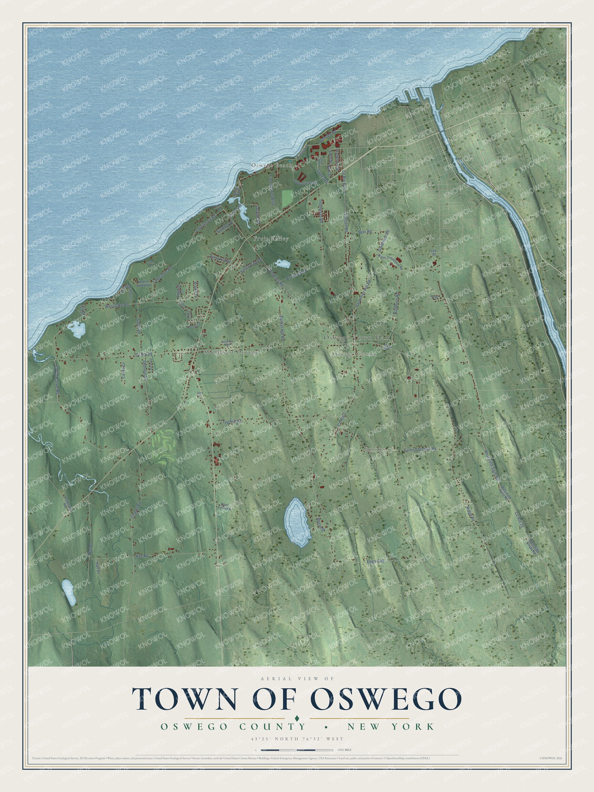 Detailed map of the Town of Oswego, Oswego County, New York, showing streets, buildings, and neighborhoods