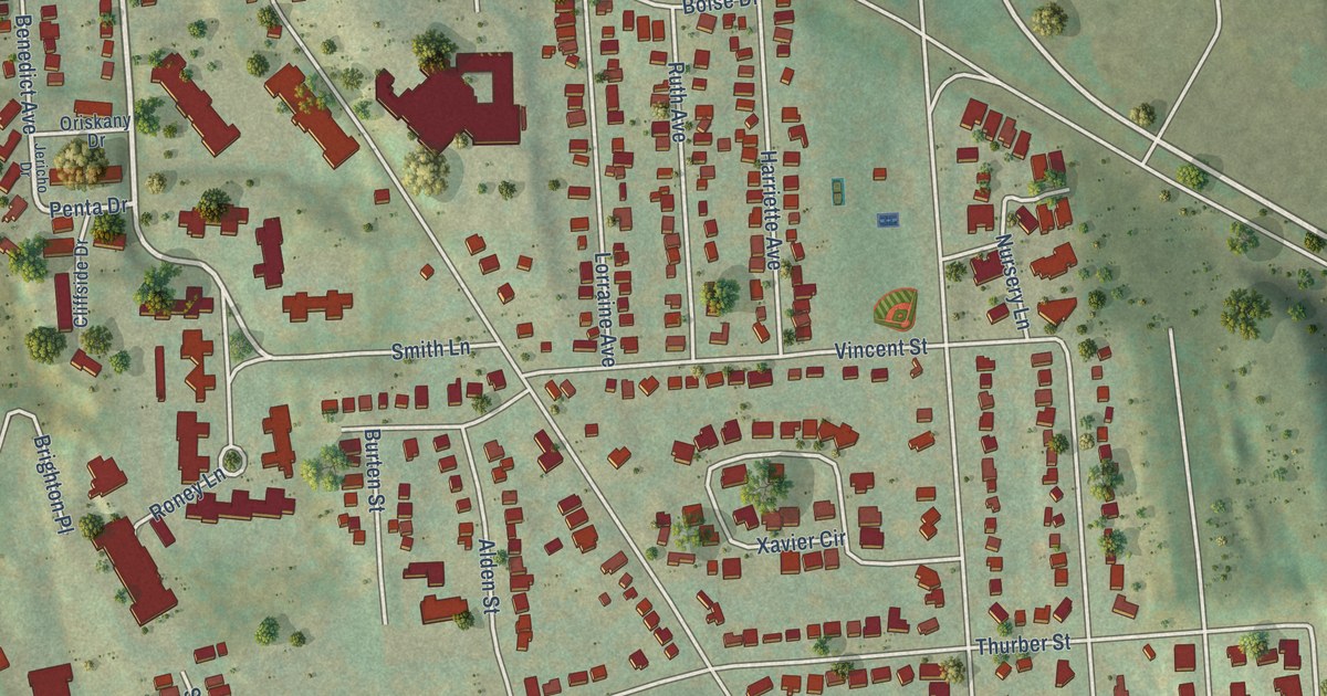Close-up of streets and buildings in Outer Comstock, New York