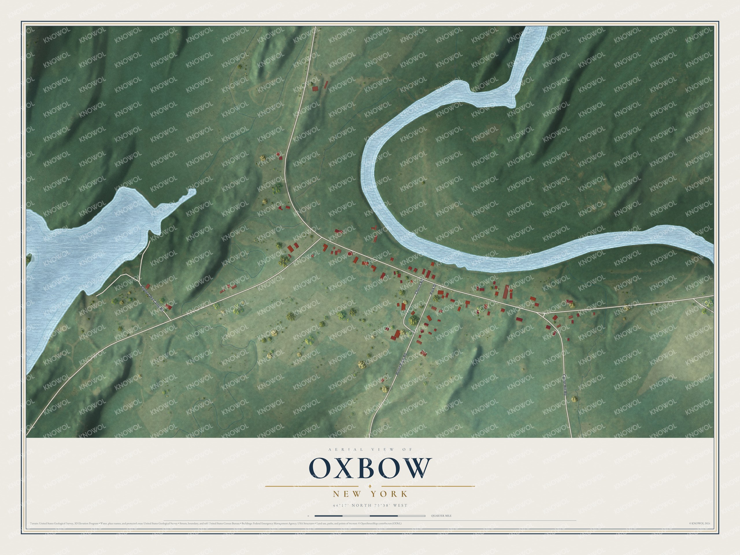 Full map of Oxbow, New York, with red buildings, printed street names and the land around them