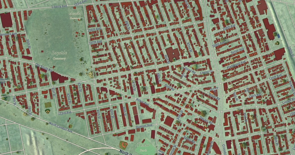 Close-up of streets and buildings in Ozone Park, New York