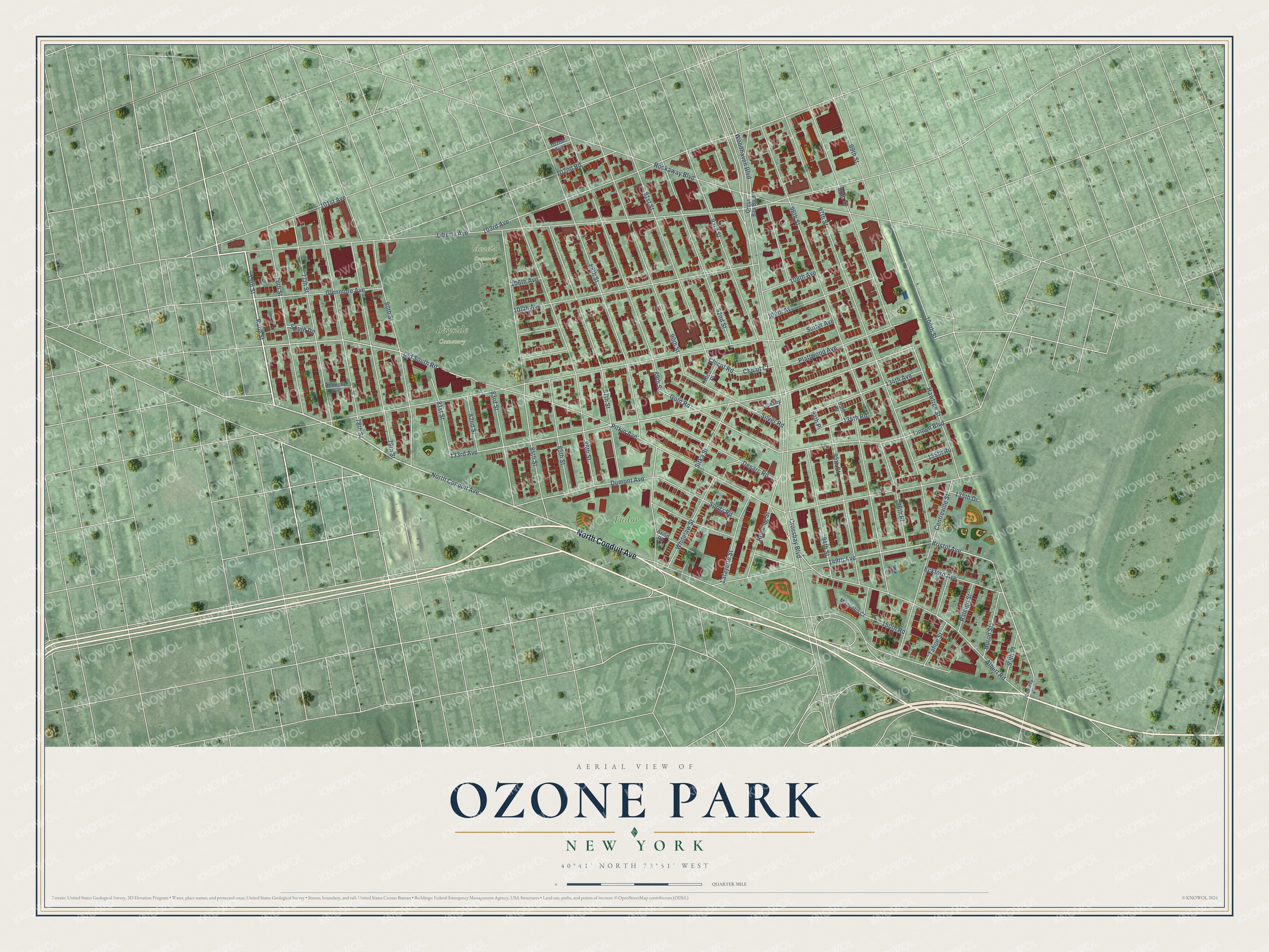 Full map of Ozone Park, New York, with red buildings, printed street names and the land around them