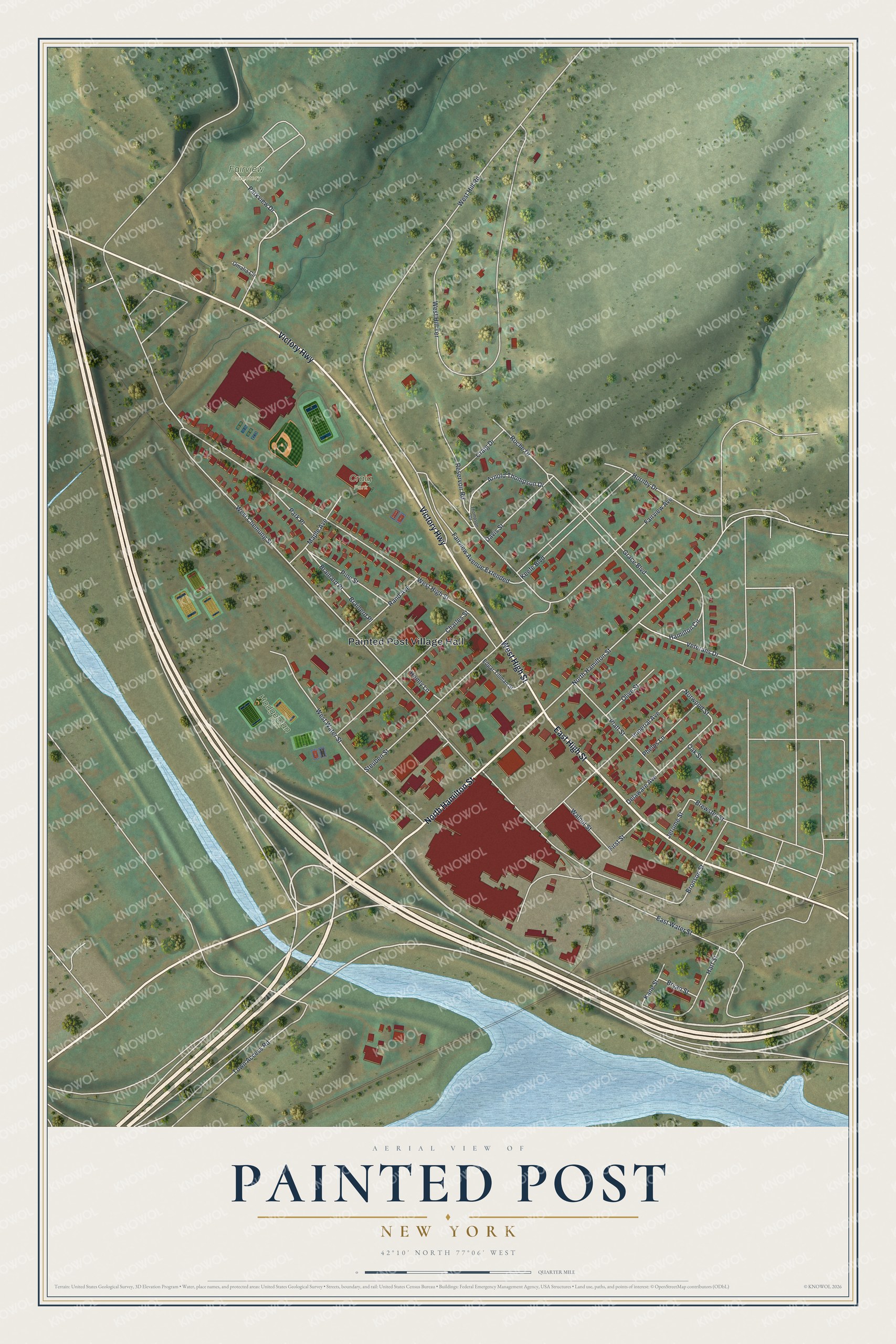 Full map of Painted Post, New York, with red buildings, printed street names and the land around them