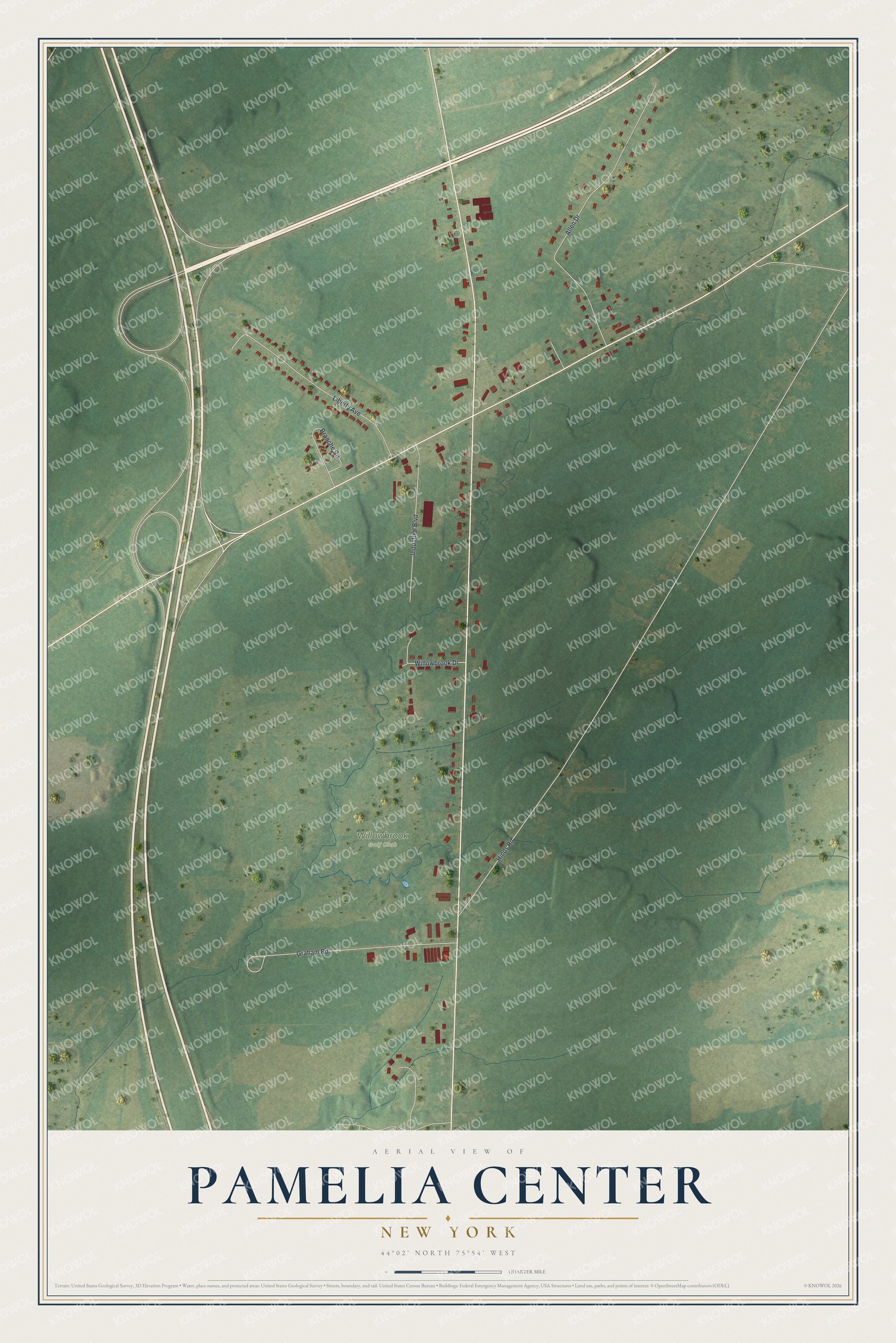 Full map of Pamelia Center, New York, with red buildings, printed street names and the land around them