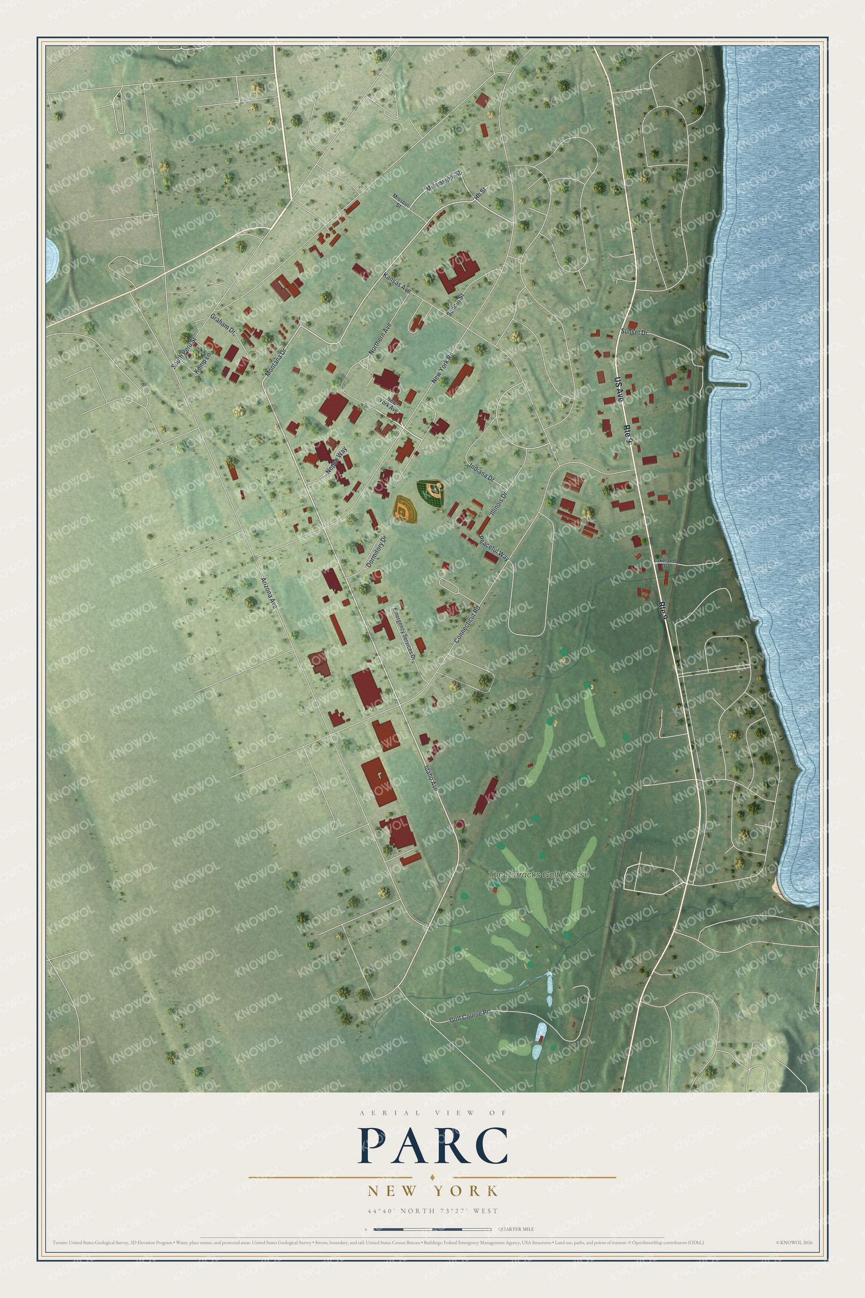 Full map of Parc, New York, with red buildings, printed street names and the land around them