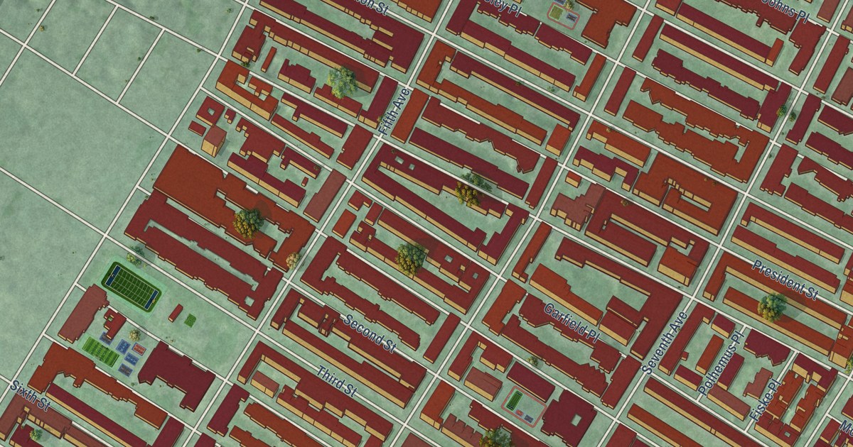 Close-up of streets and buildings in Park Slope, New York