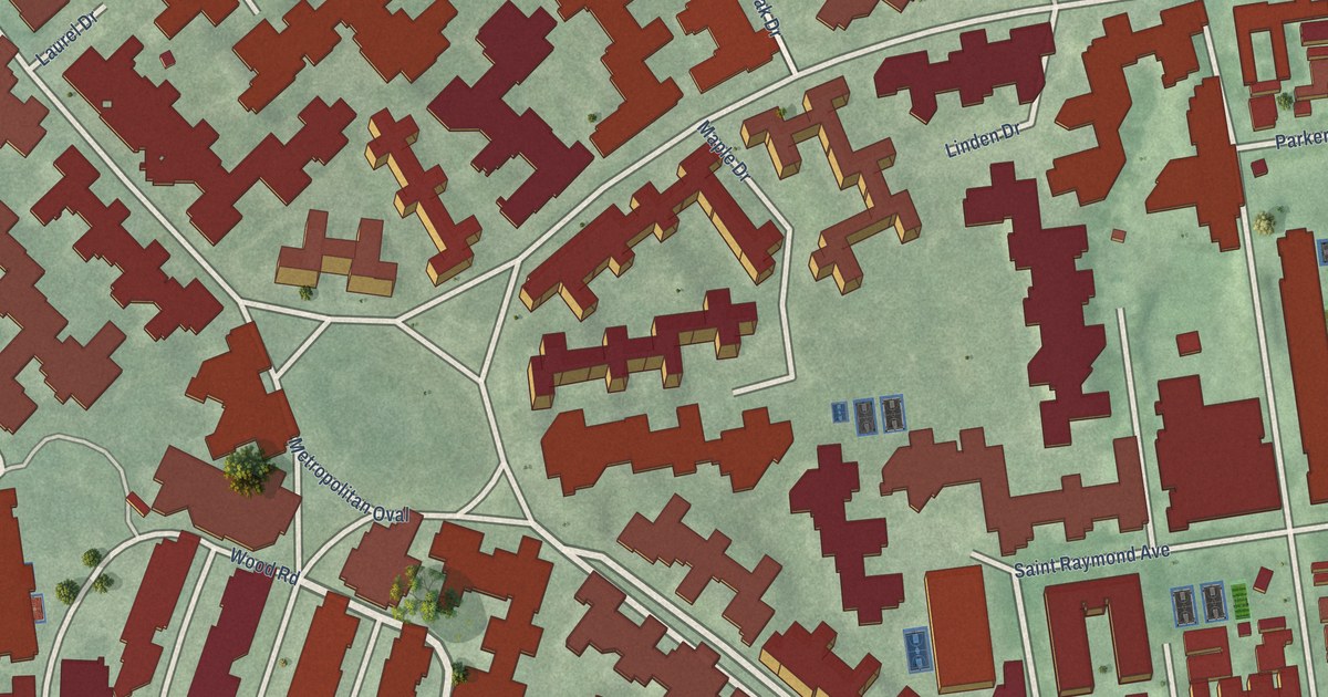 Close-up of streets and buildings in Parkchester, New York