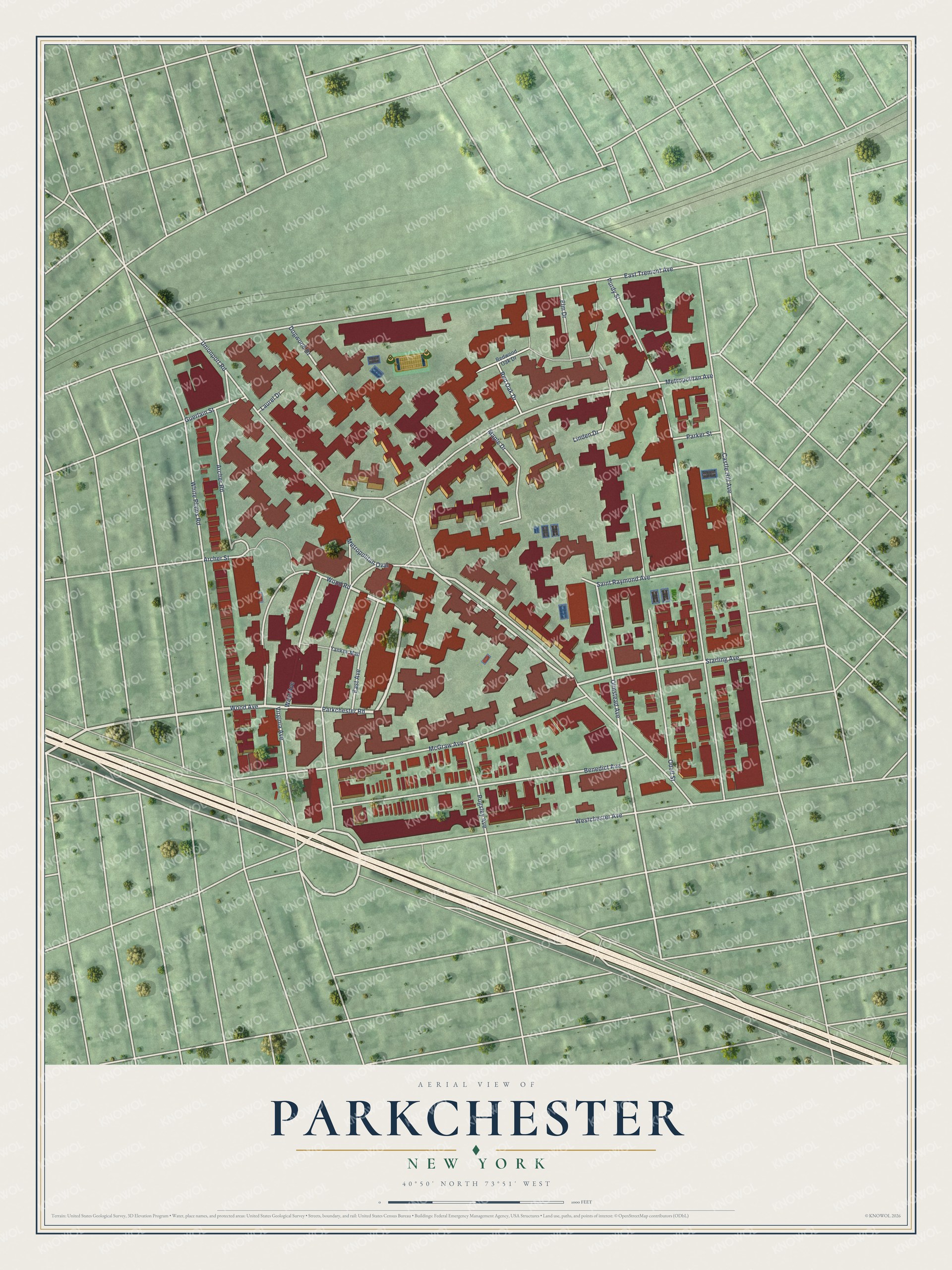 Full map of Parkchester, New York, with red buildings, printed street names and the land around them