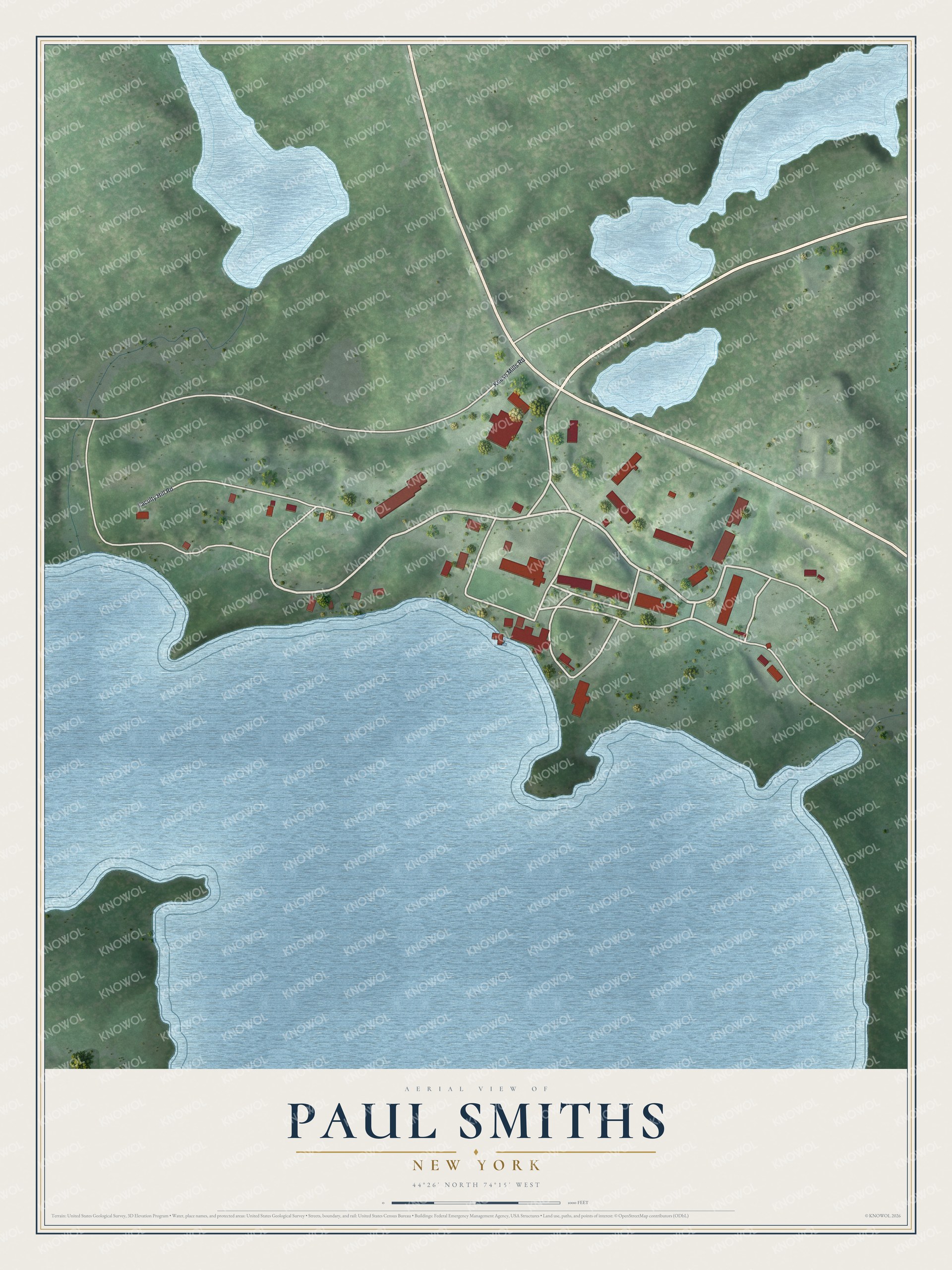 Full map of Paul Smiths, New York, with red buildings, printed street names and the land around them