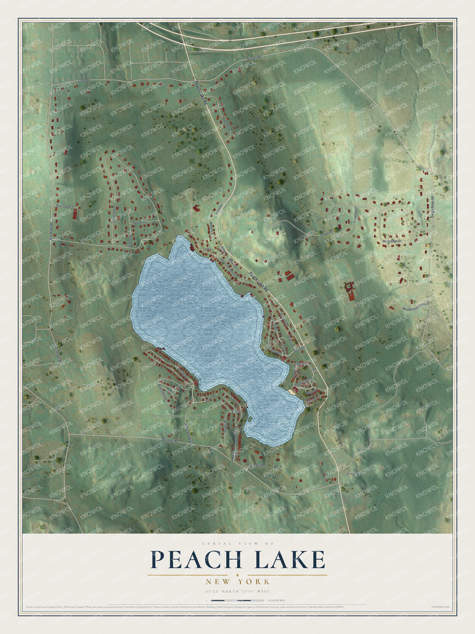 Full map of Peach Lake, New York, with red buildings, printed street names and the land around them