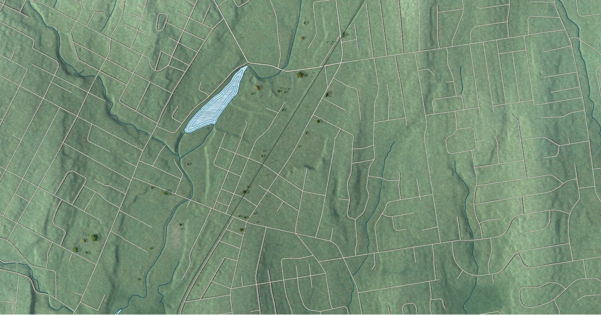 Close-up of streets and buildings in Pearl River, New York