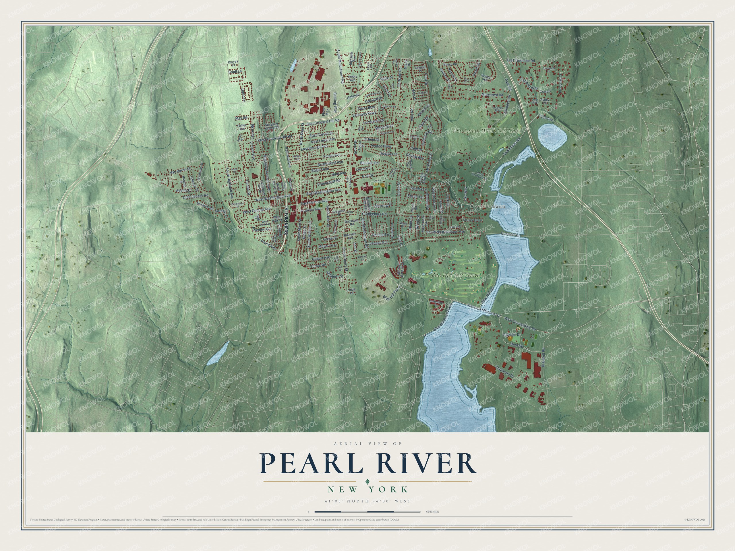 Detailed map of Pearl River, New York, showing streets, buildings, and parks