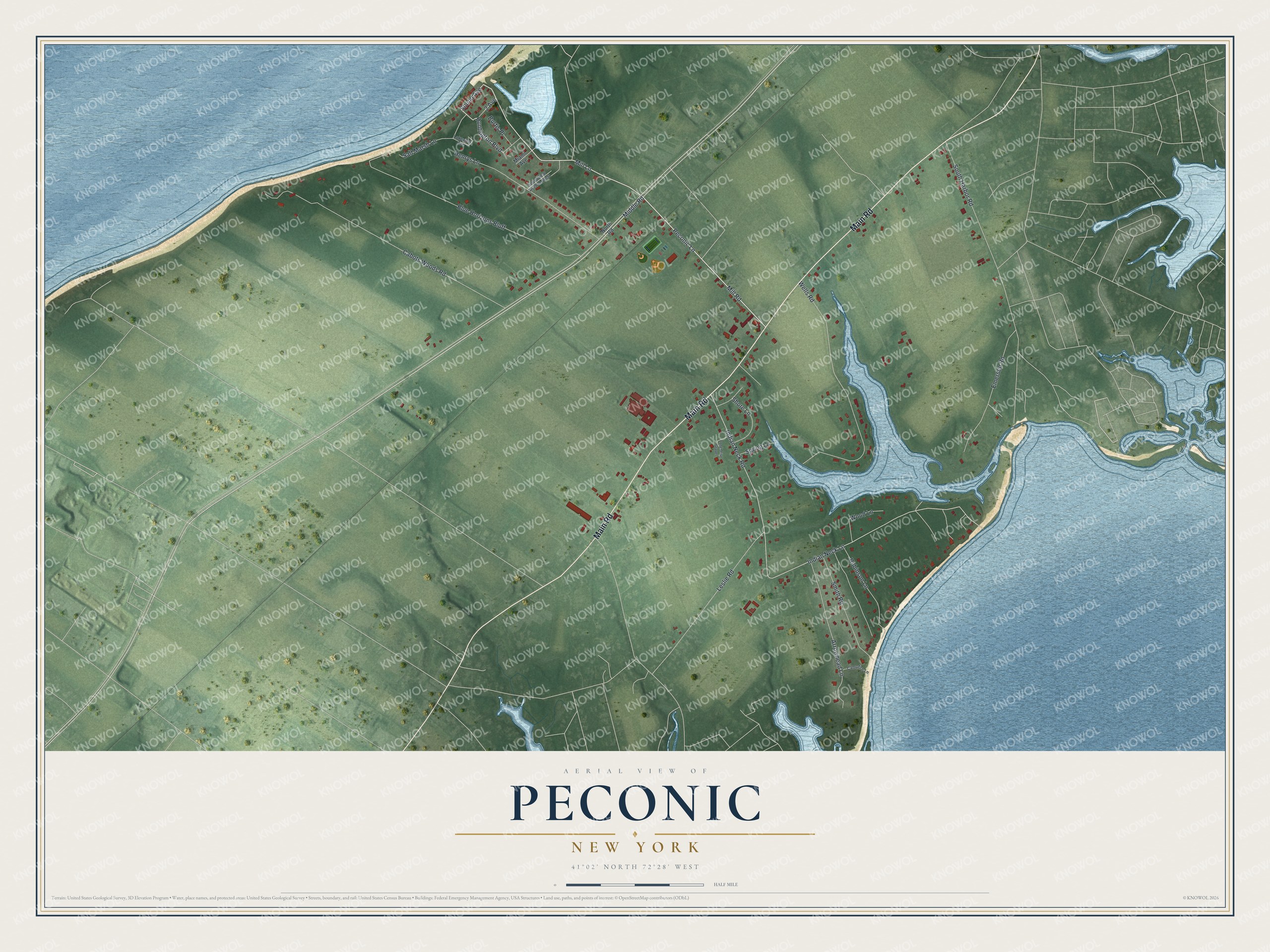 Full map of Peconic, New York, with red buildings, printed street names and the land around them