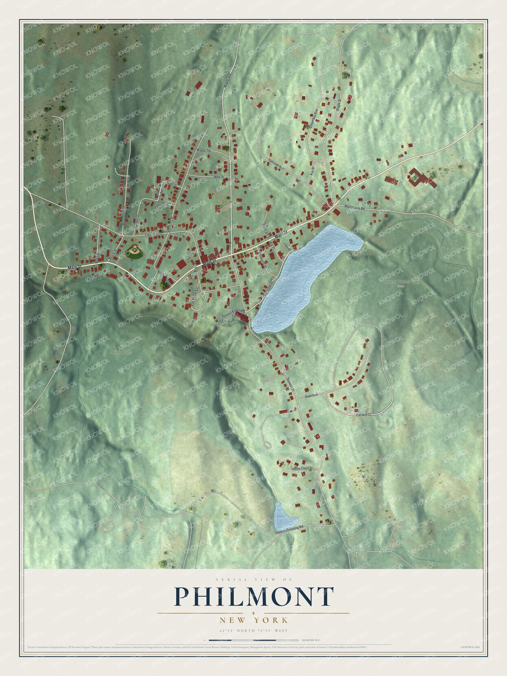 Full map of Philmont, New York, with red buildings, printed street names and the land around them