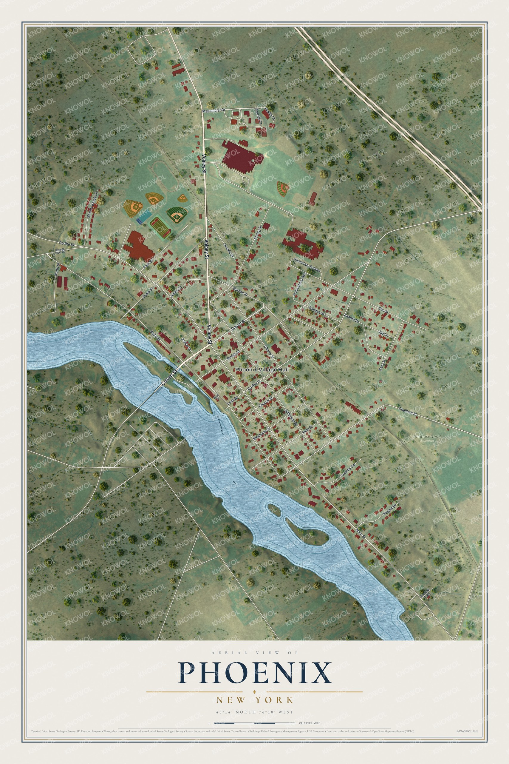 Full map of Phoenix, New York, with red buildings, printed street names and the land around them