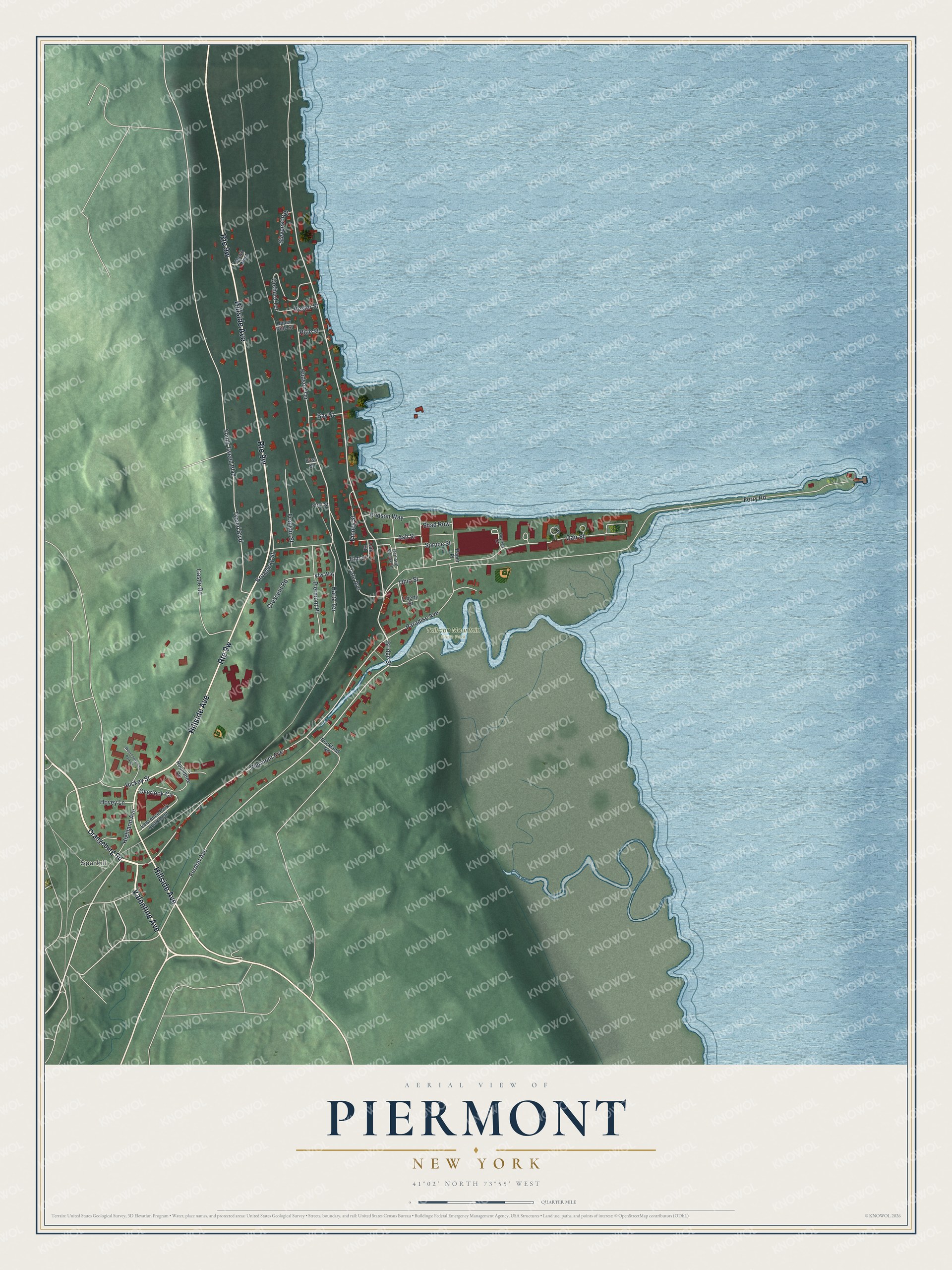 Full map of Piermont, New York, with red buildings, printed street names and the land around them
