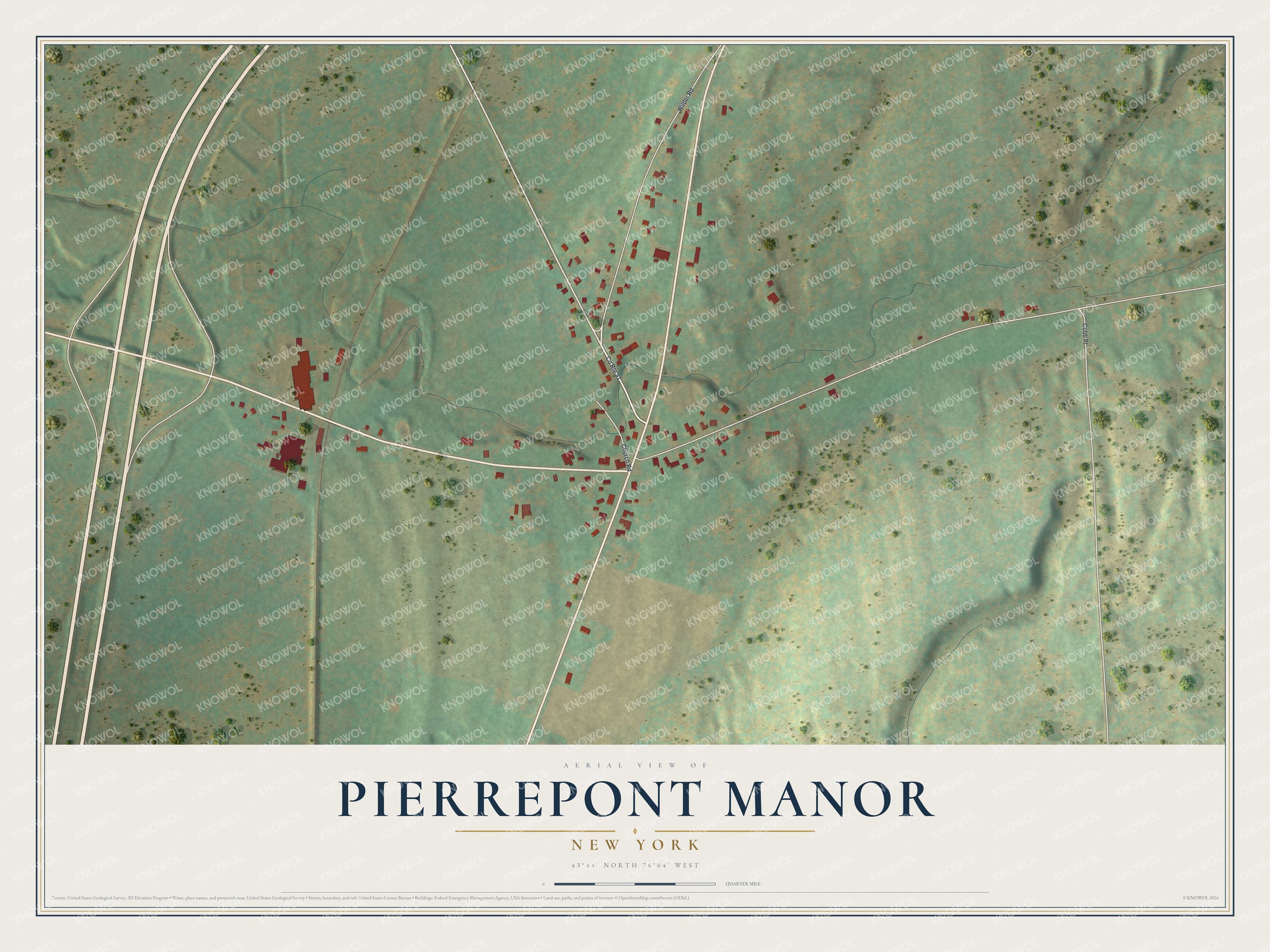 Full map of Pierrepont Manor, New York, with red buildings, printed street names and the land around them