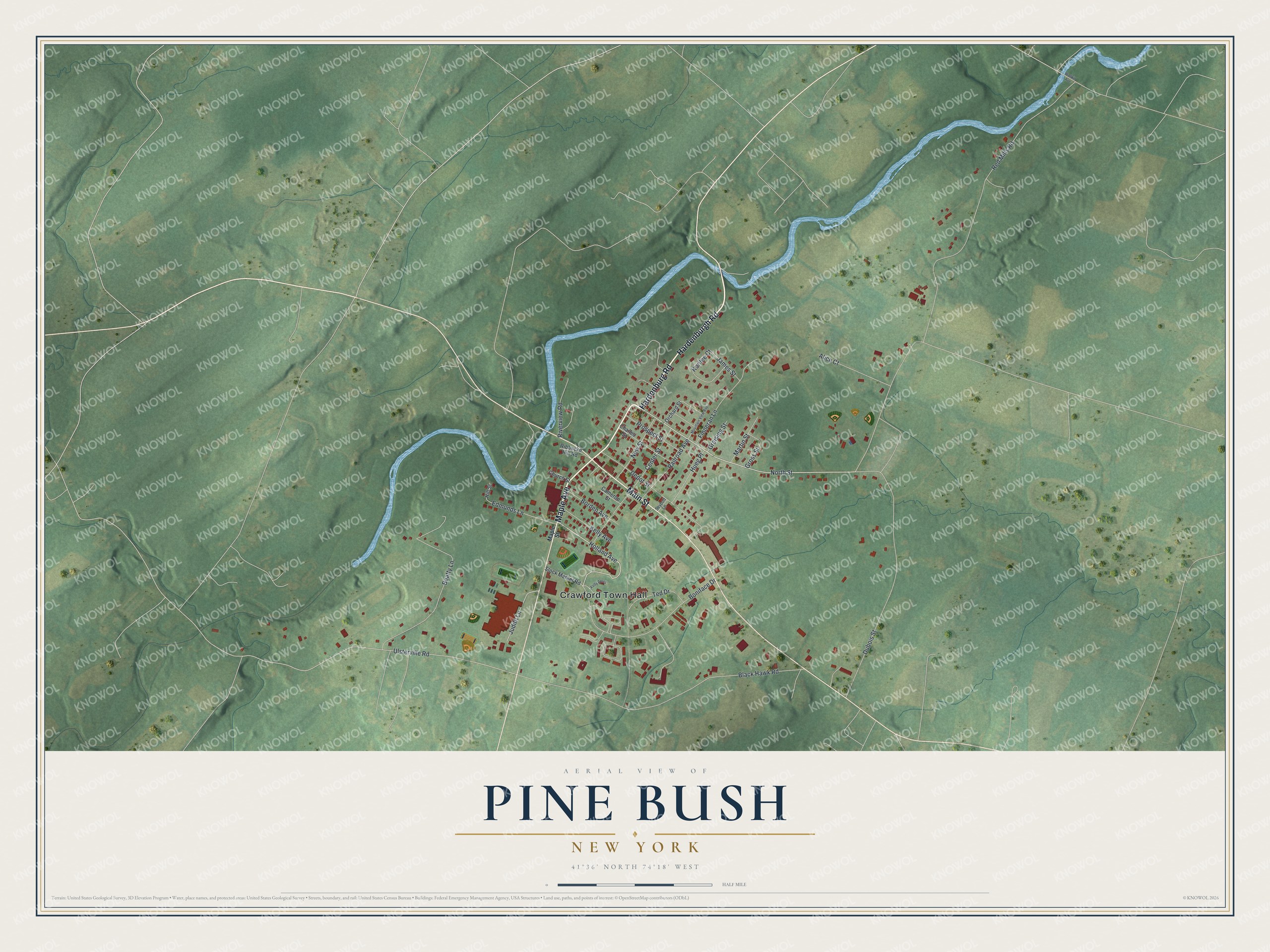 Full map of Pine Bush, New York, with red buildings, printed street names and the land around them