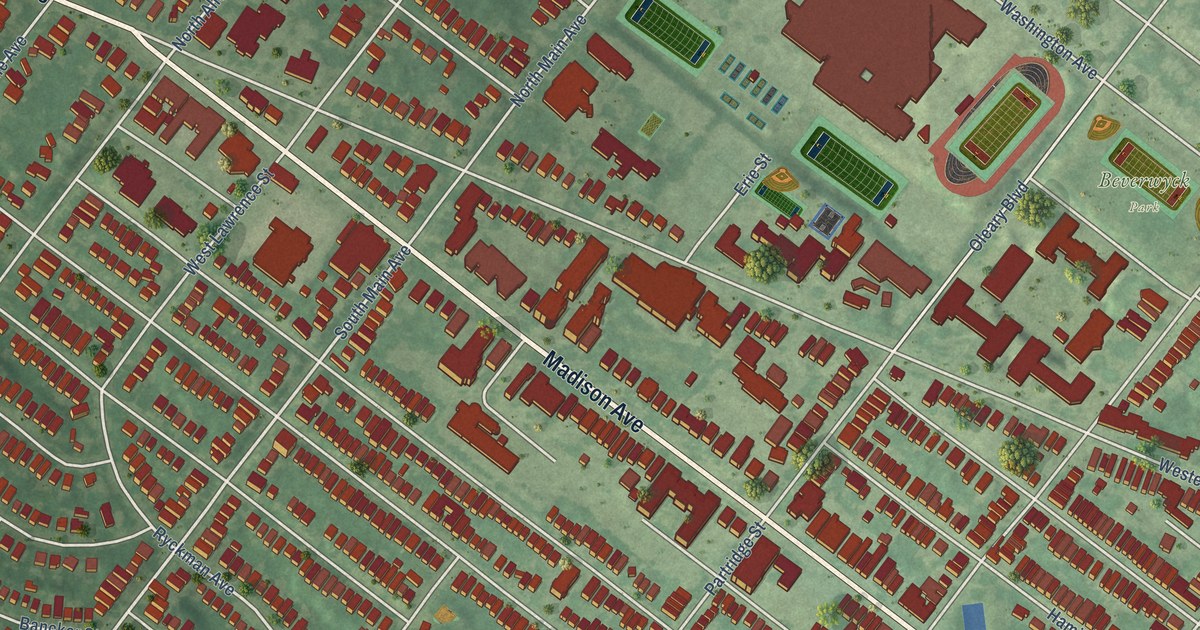 Close-up of streets and buildings in Pine Hills, New York