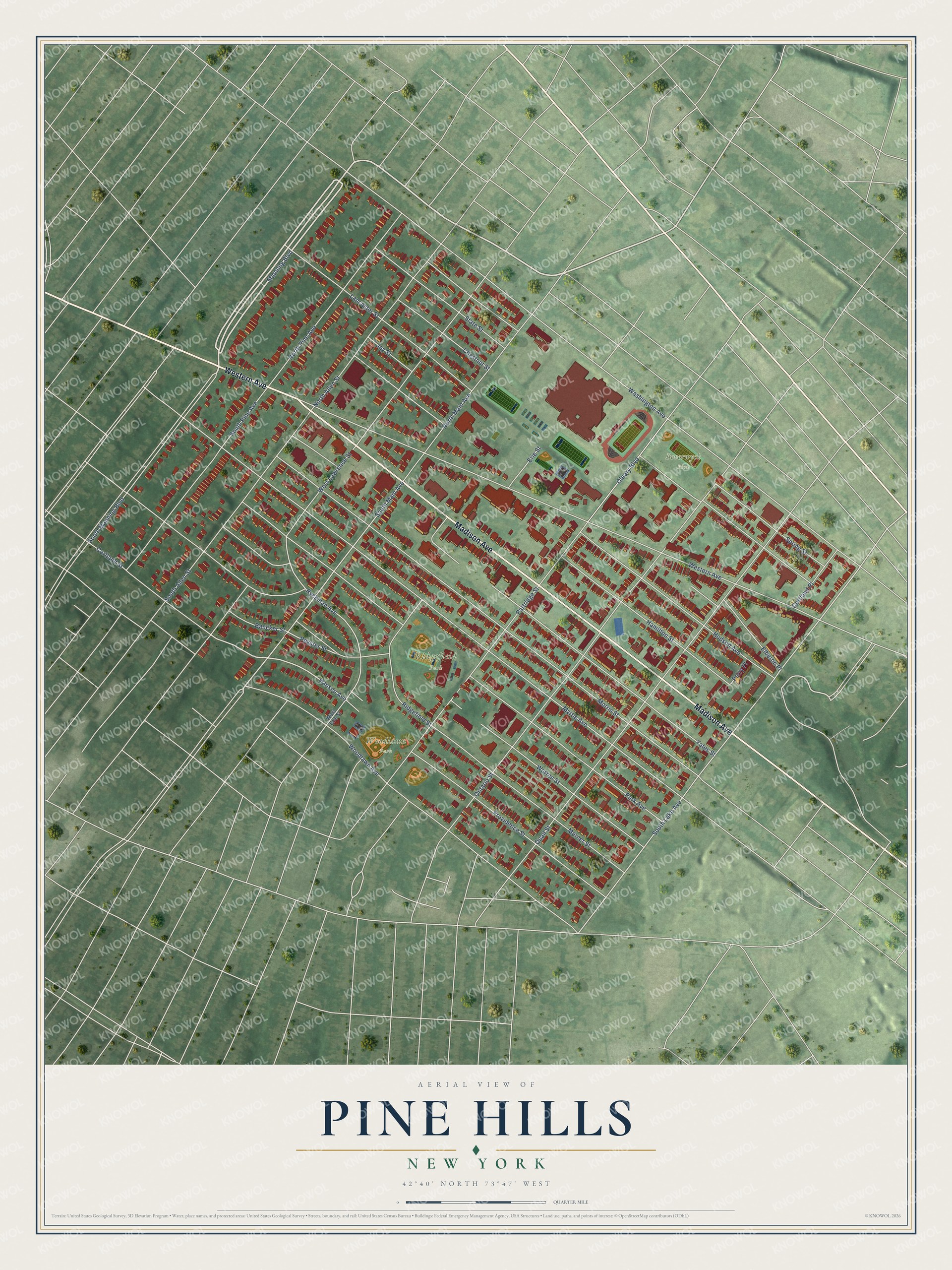 Full map of Pine Hills, New York, with red buildings, printed street names and the land around them