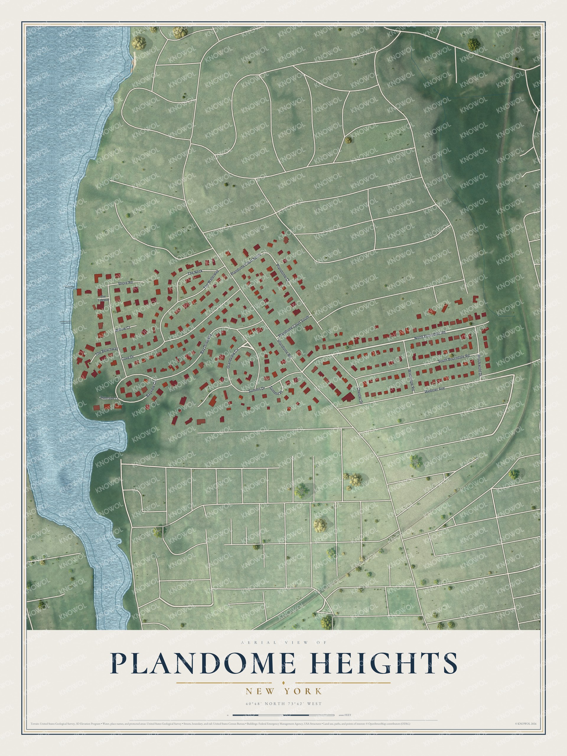 Full map of Plandome Heights, New York, with red buildings, printed street names and the land around them