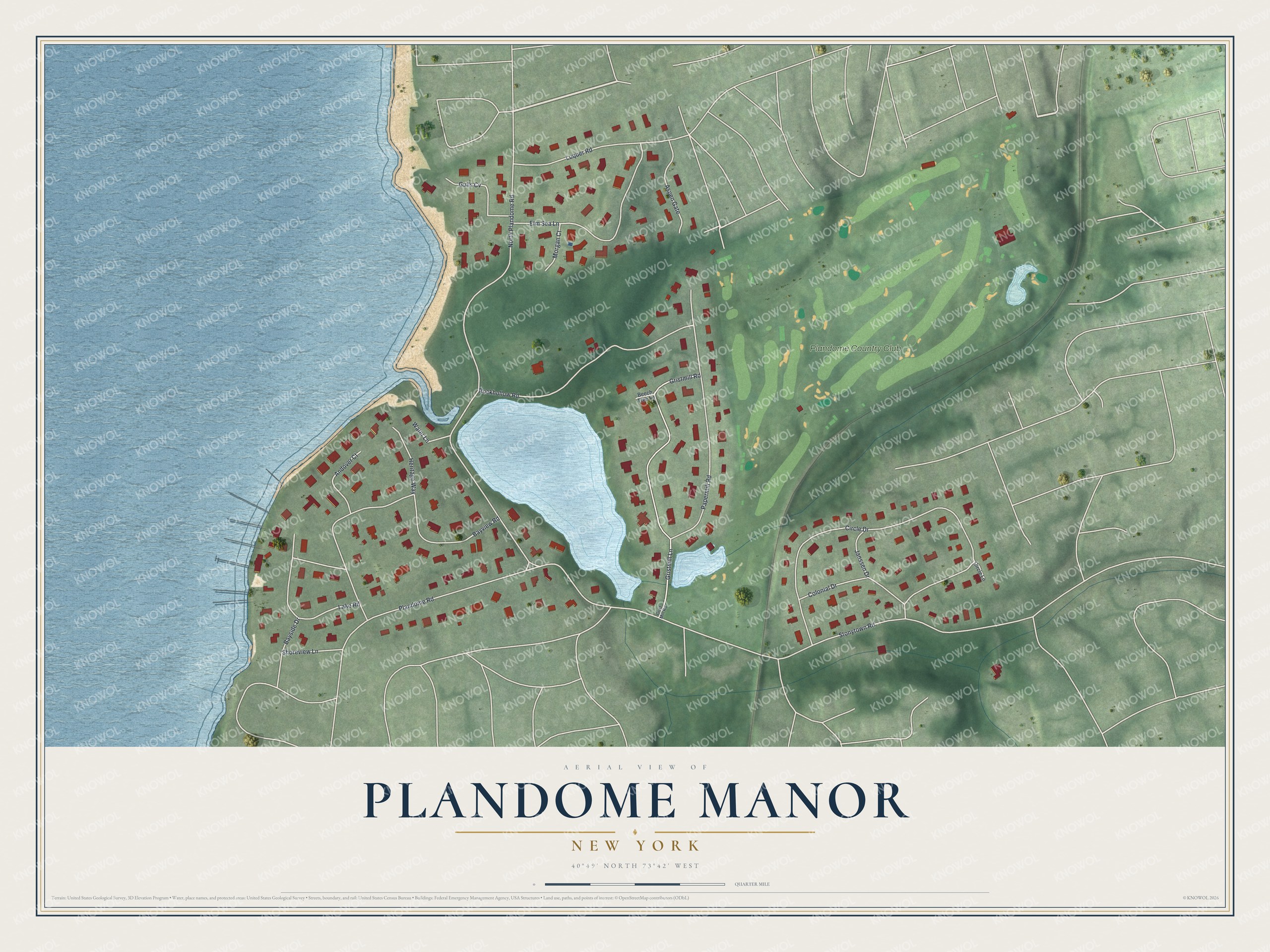 Full map of Plandome Manor, New York, with red buildings, printed street names and the land around them