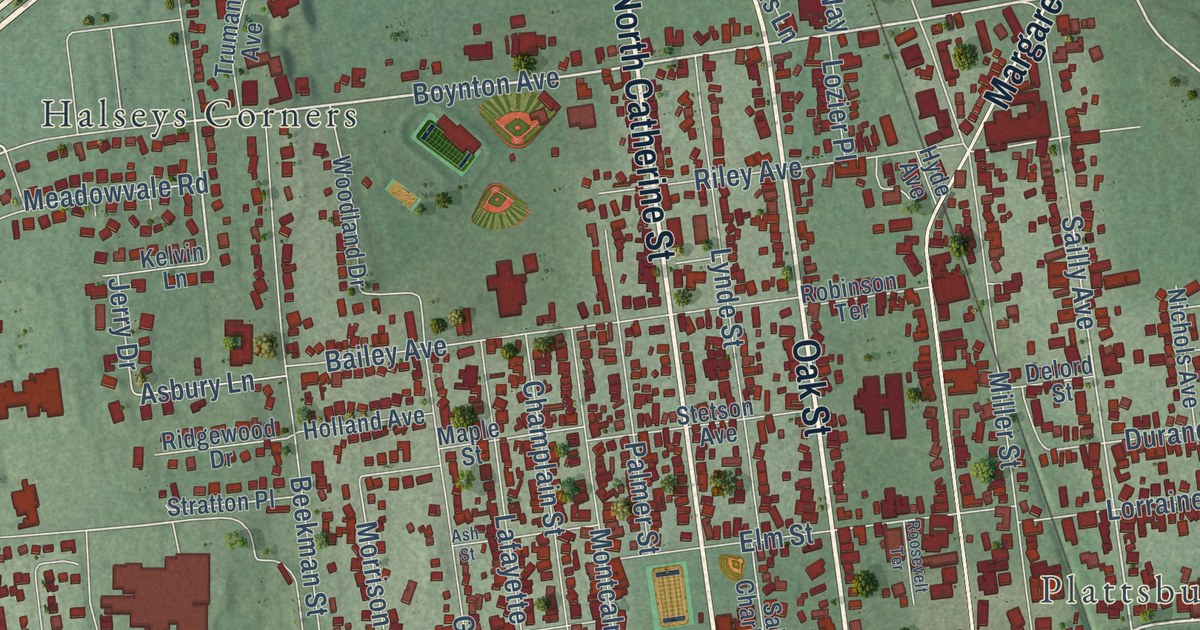 Close-up of streets and buildings in the City of Plattsburgh, Clinton County, New York